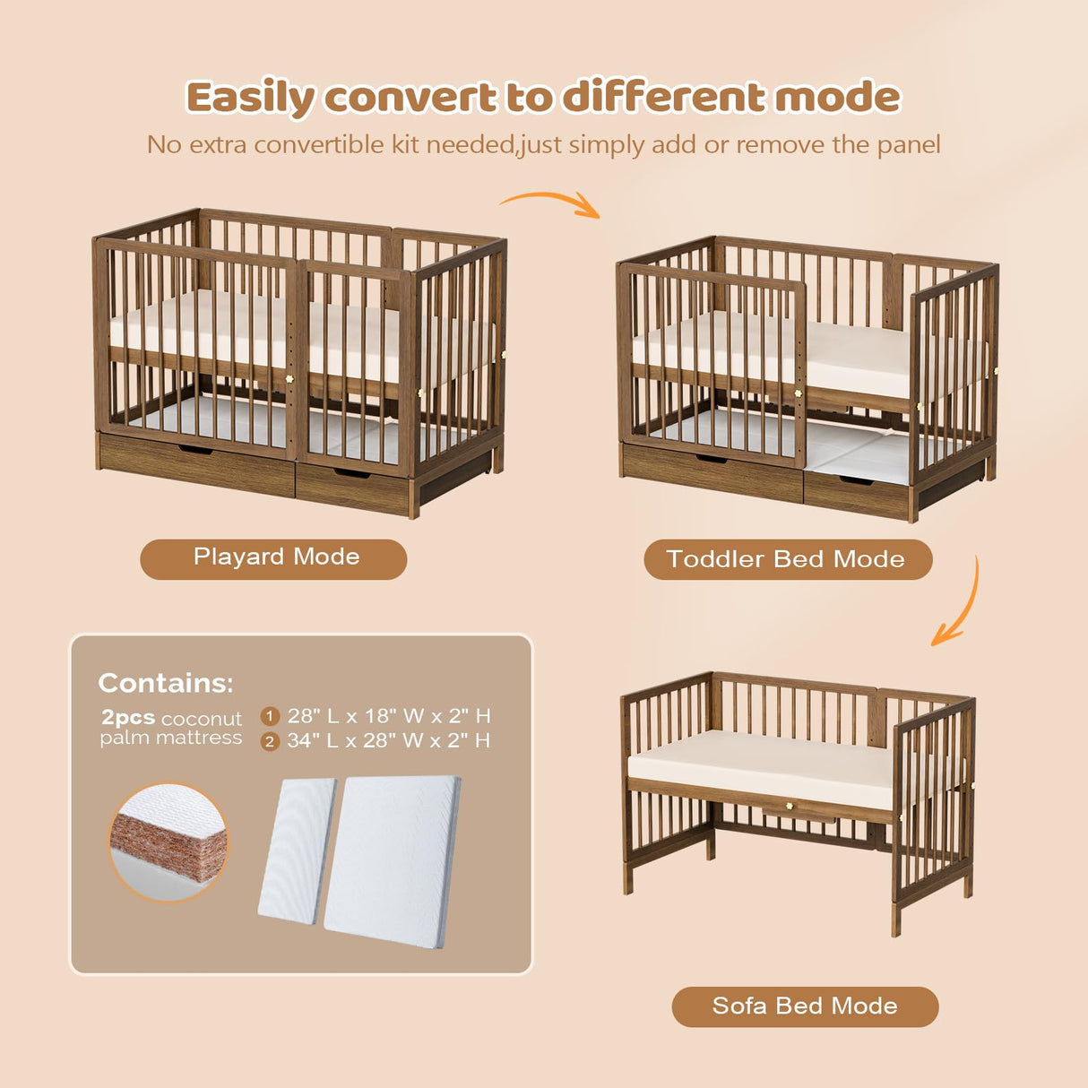 JOYMOR 8-in-1 Convertible Crib with Drawer, Include 2" Mattress, Convert from Mini Crib, Mid Crib to Full Crib, 8 Height Adjustable, Undercrib Storage Drawers (Honey Wood) JOYMOR