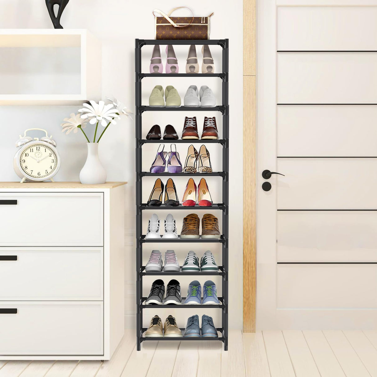 esonstyle 10 Tiers Vertical Shoe Rack Up to 20-25 Pairs, Sturdy Metal Narrow Shoe Rack Shoe Shelf, Space-Saving Tall Shoe Rack for Closet,Bedroom Hallway Garage Living Room esonstyle