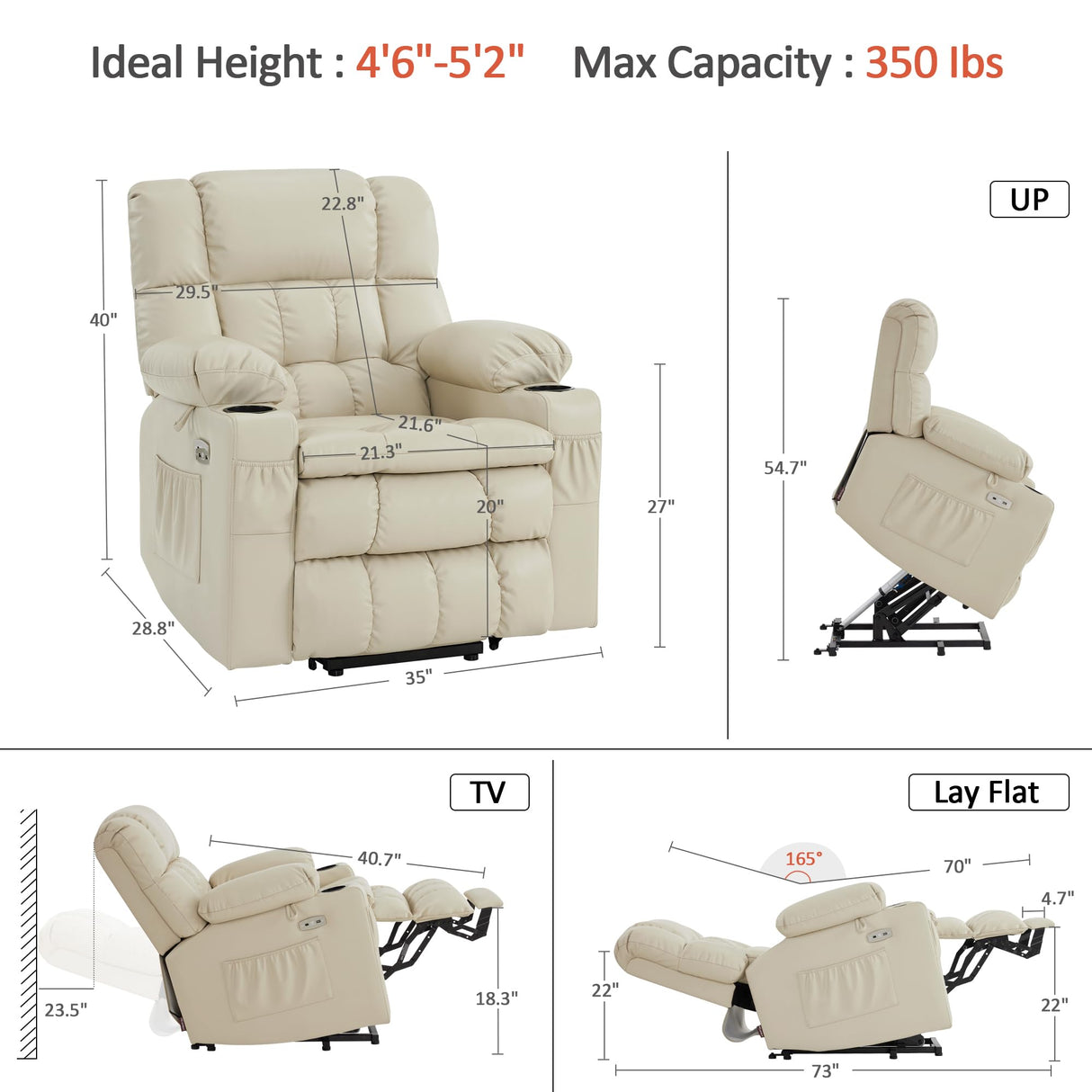 MCombo Dual Motor Small Power Lift Recliner Chair for Elderly, Lay Flat Lift Chair with Heat and Massage, Petite Lift Chair, Cup Holders, Faux Leather 7893 (Cream White, Small) MCombo