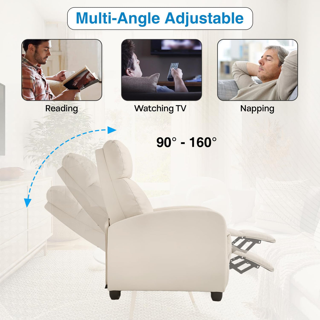 Dopinmin Recliner Chair PU Leather Reclining Sofa Lounge Home Theater Seating with Lumbar Support Overstuffed High-Density Sponge Push Back Recliners Armchair for Living Room,Beige Dopinmin