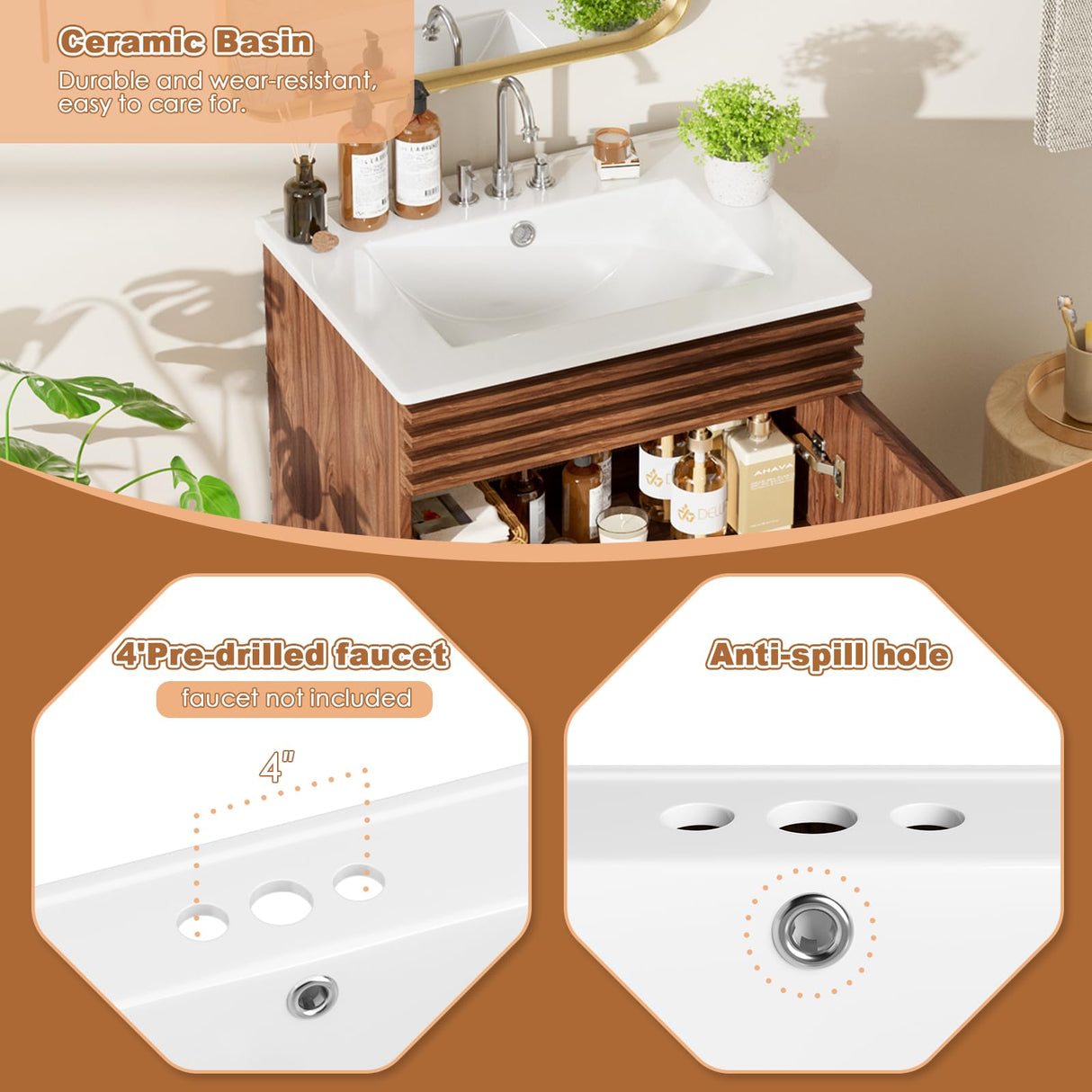 ROOMTEC 24" Bathroom Vanity with Sink, Mid-Century Freestanding Bathroom Vanity Sink with Storage, Undermount Ceramic Sink, Particleboard Frame with Wood Grain Laminate, Walnut ROOMTEC