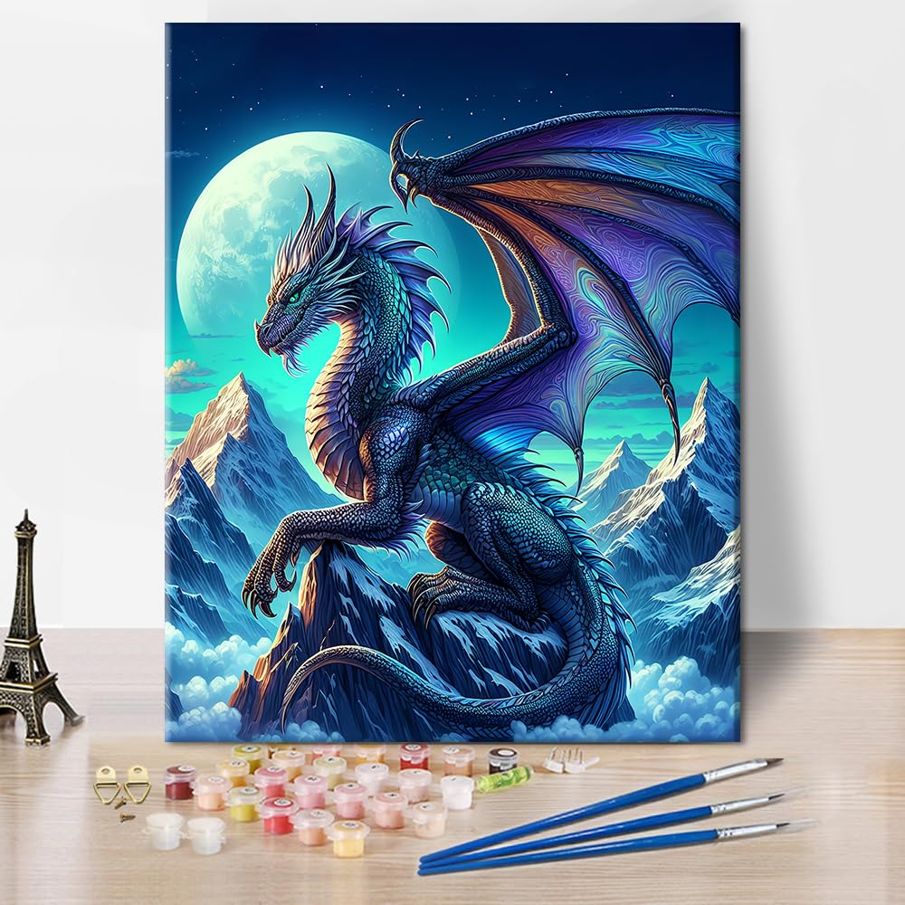 Paint by Numbers for Adults Fantasy Dragon Flying Under Moonlight DIY Art Kit with Pre Printed Canvas Acrylic Paints and Brushes for Stress Relief and Wall Decor 16x20 Inch TUMOVO