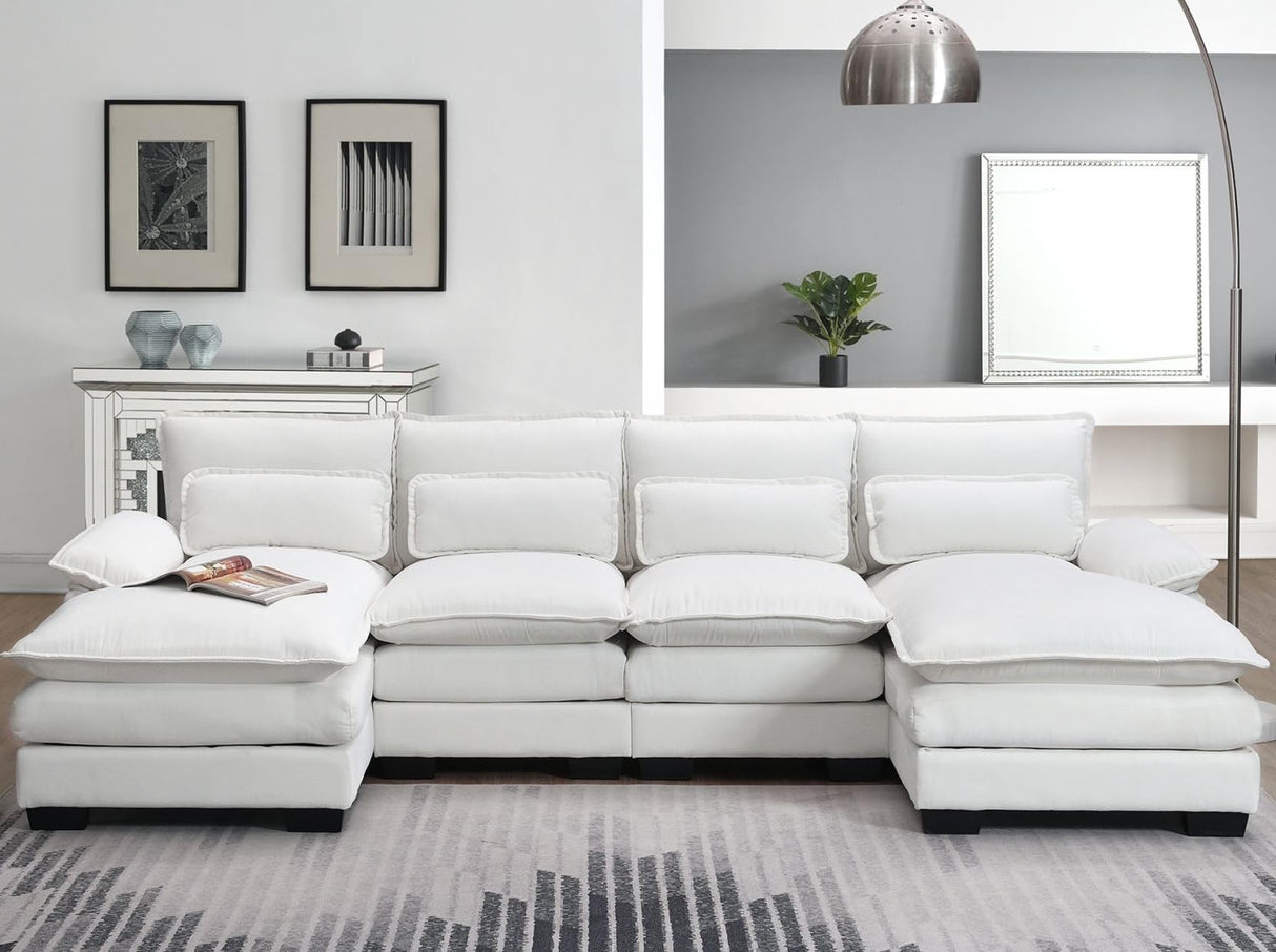 Merax 110" Modular Sectional Couches with Waist Pillows, 6-seat Upholstered Sleeper Sofa Bed Chaise Lounge for Living Room Furniture, White Merax