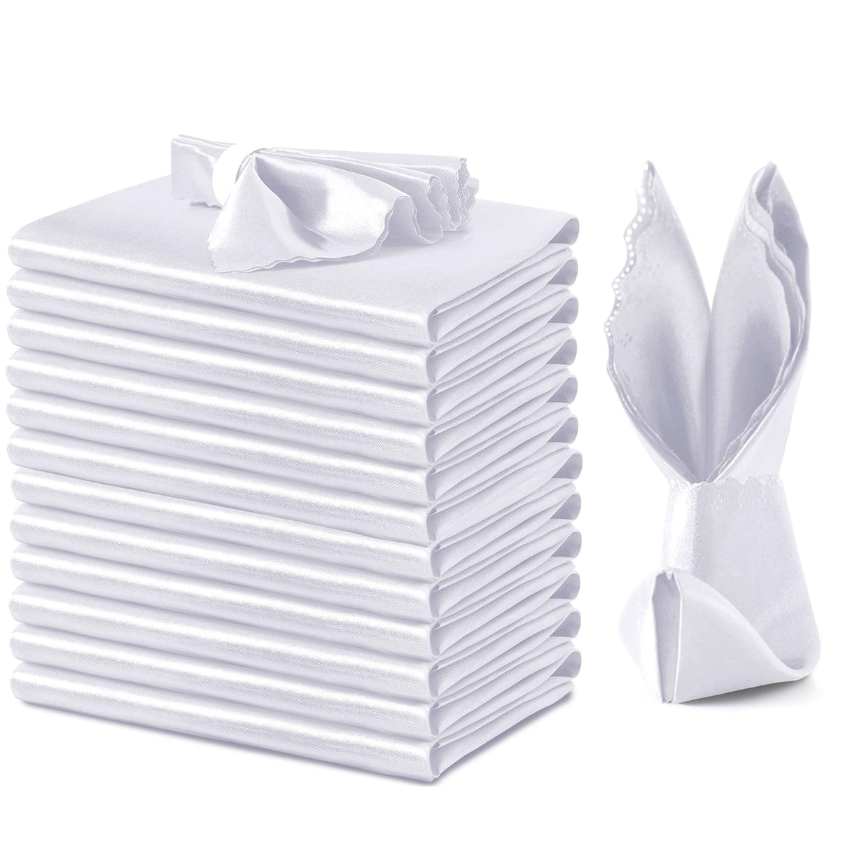 VACVELT 12 Pack White Satin Napkins 12x12 Inch Wedding Napkins, Scalloped Elegant Dinner Napkins Square Table Napkins Decor, Silky Satin Cloth Napkins for Restaurant Banquet Graduation Party VACVELT
