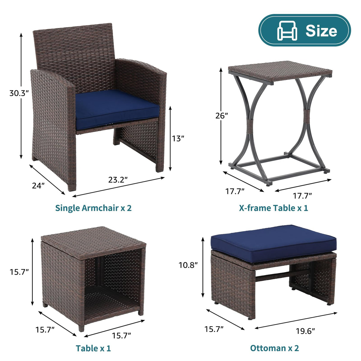 OC Orange-Casual 6 Piece Patio Wicker Furniture Set, Balcony All Weather Rattan Chair, with Space Saving Ottoman, Resin Nesting Coffee Table, Modern Design, Blue OC Orange-Casual