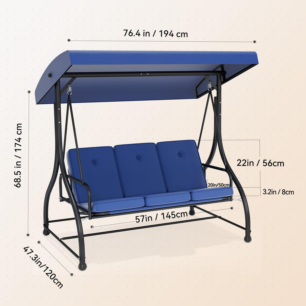 3-Seat Outdoor Patio Swing Chair with Adjustable Canopy Removable Cushion, Heavy Duty Porch Swing Glider for Patio, Backyard, Poolside, Balcony - Navy Blue FUNG YARD