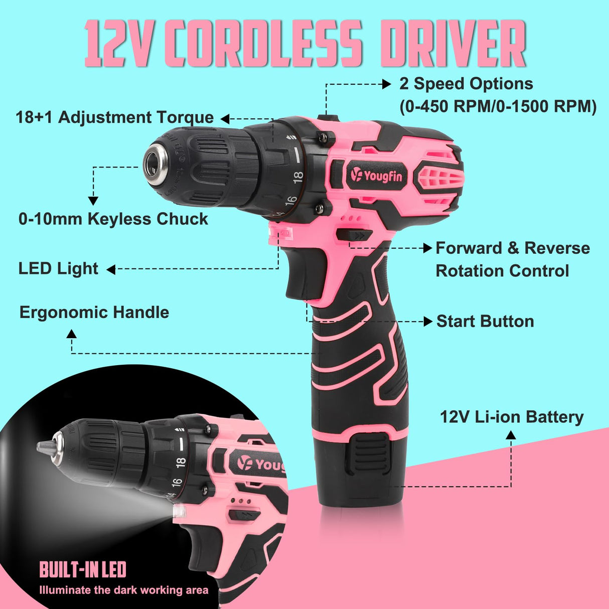 YOUGFIN Pink Drill Set for Women, Tool Kit with Drill 12V or Home Office Repairing & Improvement, Household Drill Set Power Tool with Pink Tool Box 195 Pieces Yougfin