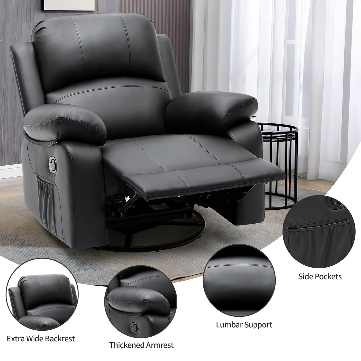 YITAHOME Rocker Recliner Chair with Heat & Massage, Faux Leather Recliner with Overstuffed Armrest, 360° Swivel, Manual Reclining, Rocking Function & Side Pocket for Living Room,Black1 YITAHOME