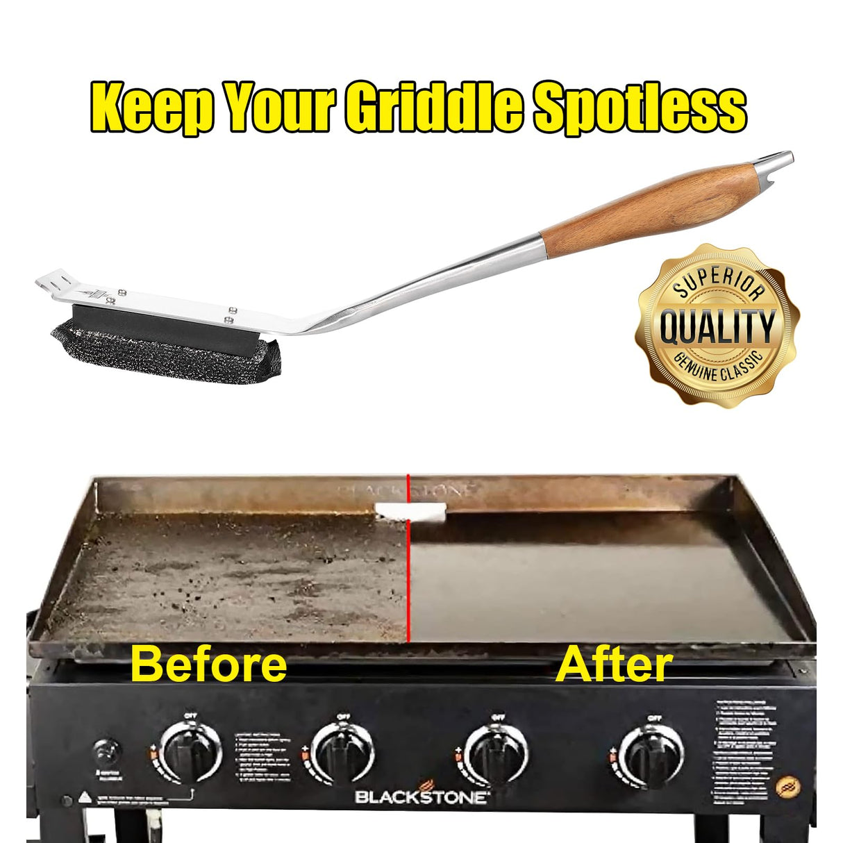 XUDAKAIXIN Grill Brush Bristle Free,Unique Steel Fibers Pad Perfect for Grill Grates/Blackstone Griddle - with Strong Stainless Steel Wooden Handle and 1 Cleaning Head,Grill Brush for Outdoor Grill XUDAKAIXIN