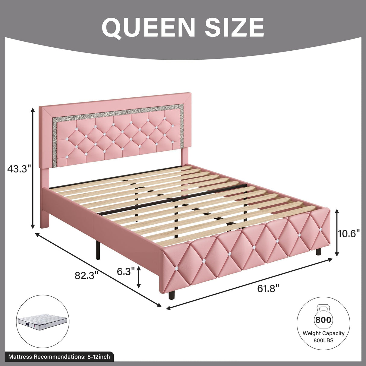 Queen Bed Frame with Headboard, Faux Leather Upholstered Bed with Diamond Tufted Design, Modern Platform Bed Frame, No Box Spring Required, Easy Assembly, Pink BarnFurin