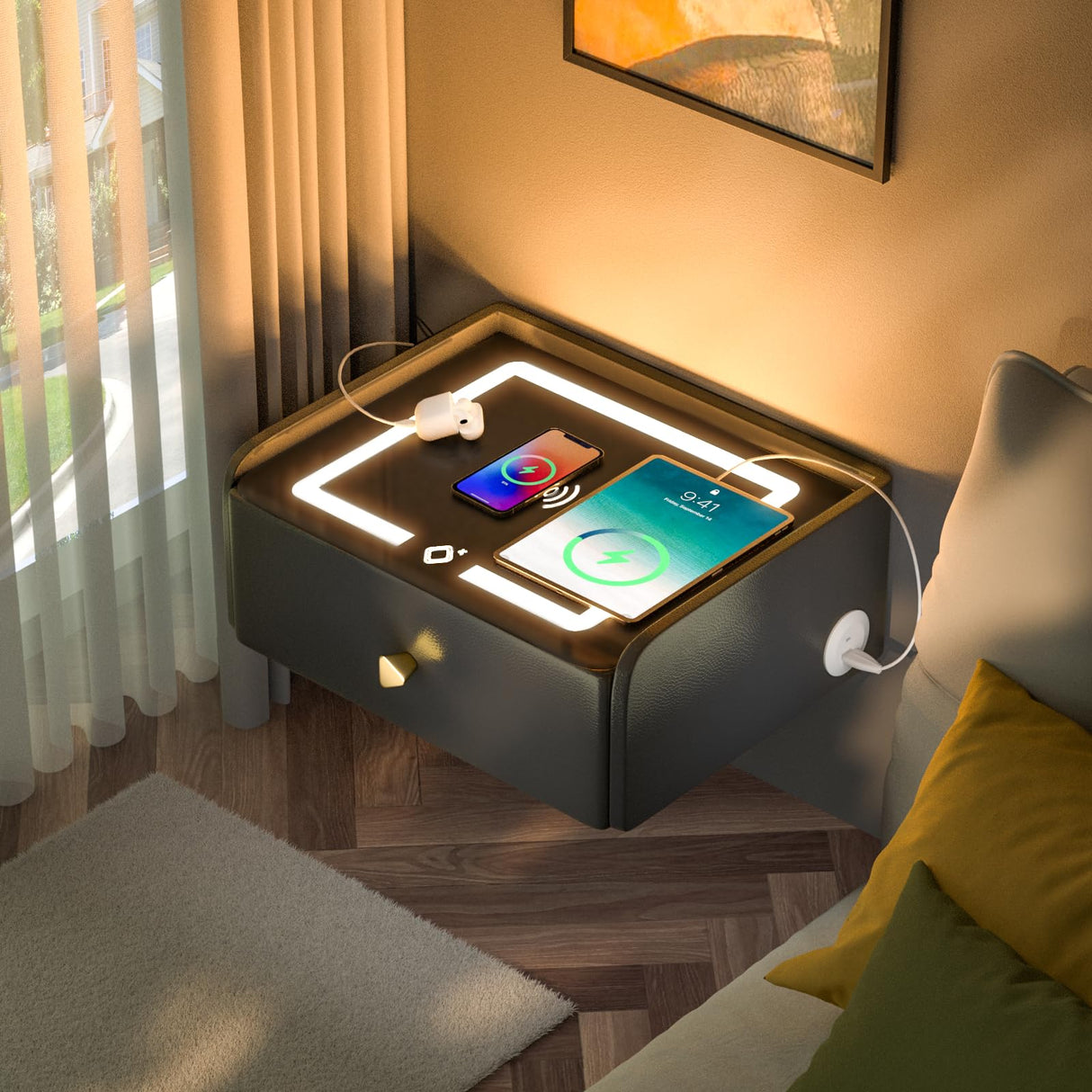 HOMEMORE Smart Nightstand Floating Bedside Table LED Nightstand with Charging Floating Nightstand Bedroom Options for Young People.Black HOMEMORE