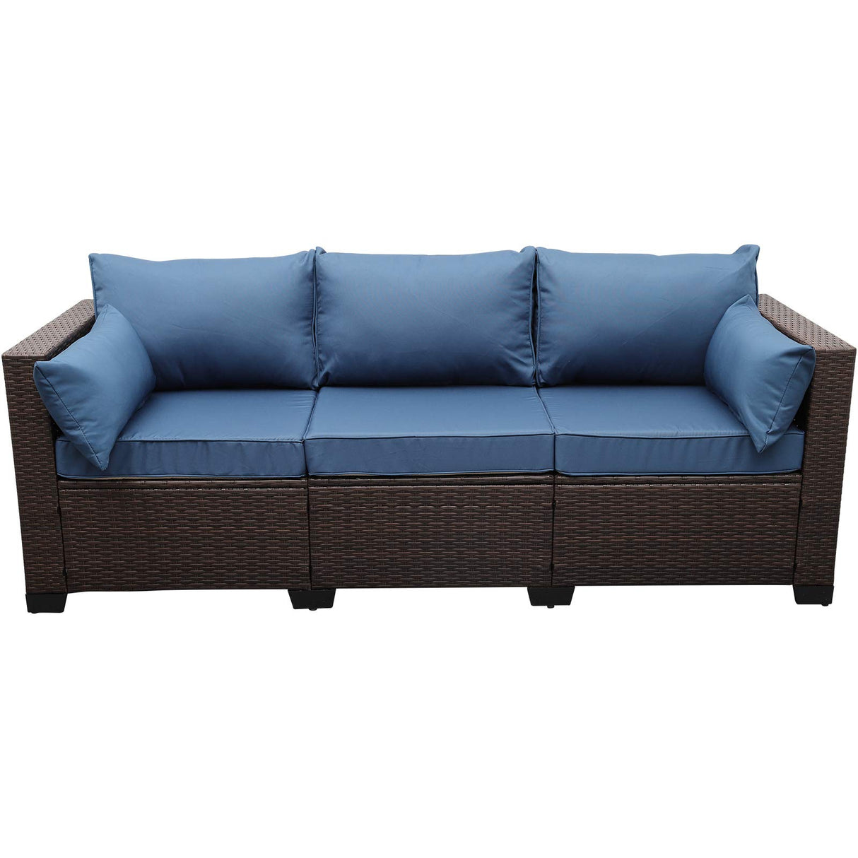 Rattaner 3-Seat Patio Wicker Sofa, Outdoor Rattan Couch Furniture Steel Frame with Furniture Cover and Deep Seat High Back, Blue Anti-Slip Cushion. Rattaner
