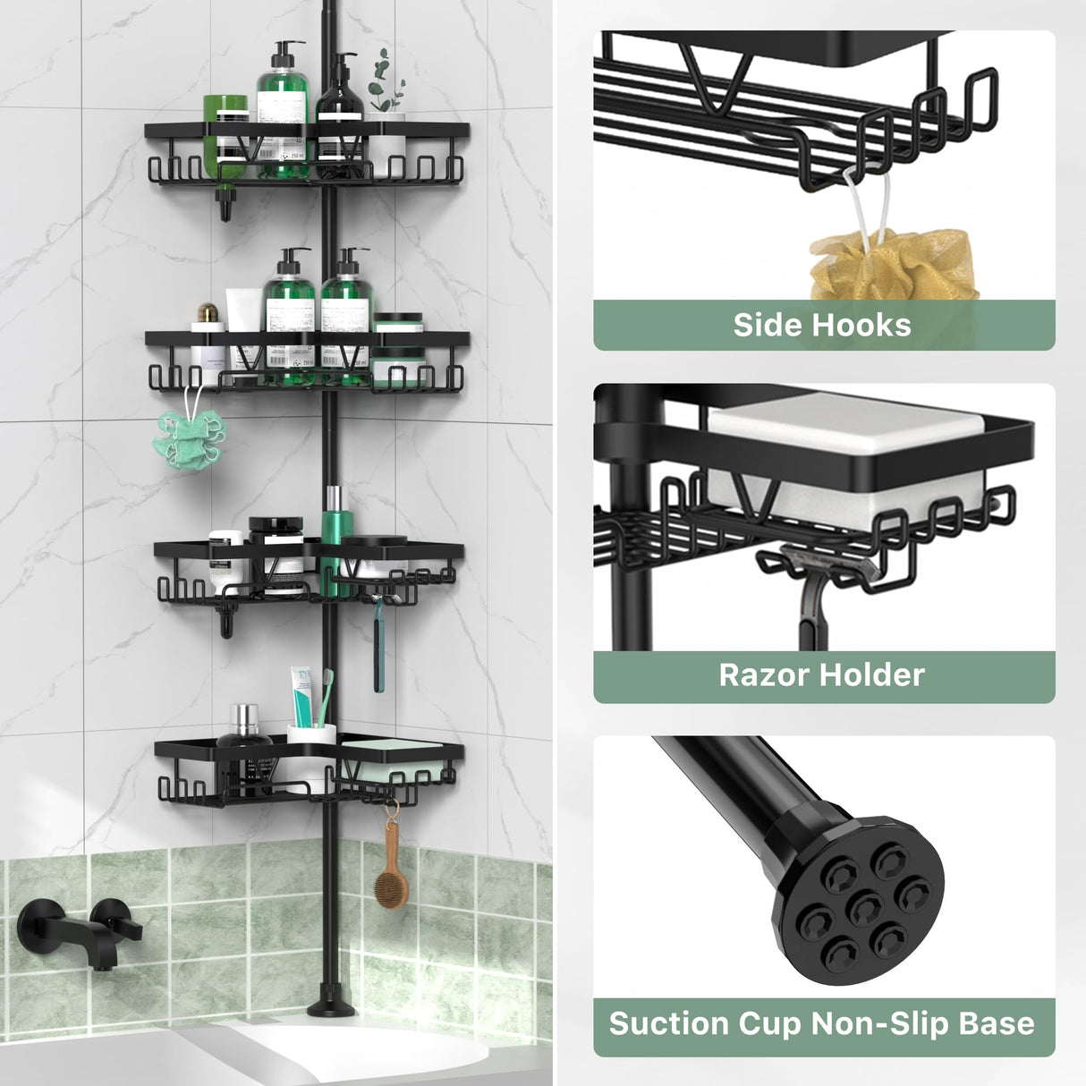 DAOYA Corner Shower Caddy Tension Pole - 4 Tier Stainless Steel Rustproof Shower Corner Caddy for Bathtub Bathroom Shower Organizer Shelves Adjustable Pole 25-114.2 Inch Black DAOYA