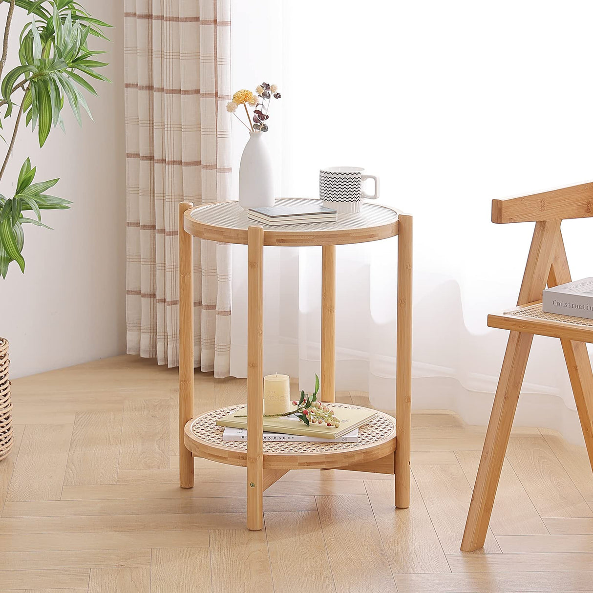Tiita Rattan Coffee Table, Round End Table, 19.7Inch Modern Side Table, Small Bamboo Living Room Side Table, Glass Sofa End Table for Balcony and Office Outdoor/Indoor (Horizontal Stripe) Tiita