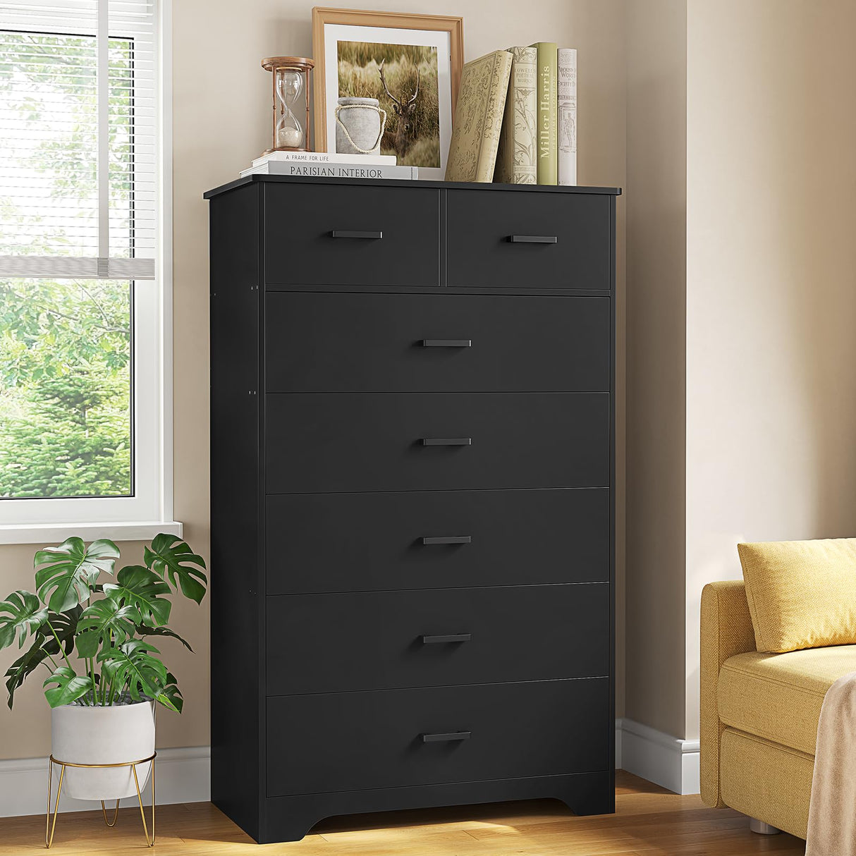 Hasuit Tall Dresser for Bedroom, Black Large Chest of Drawers, 55.6'' High Dressers with 7 Drawers, Modern Wooden Vertical Storage Clothes Closet Organizer Hasuit