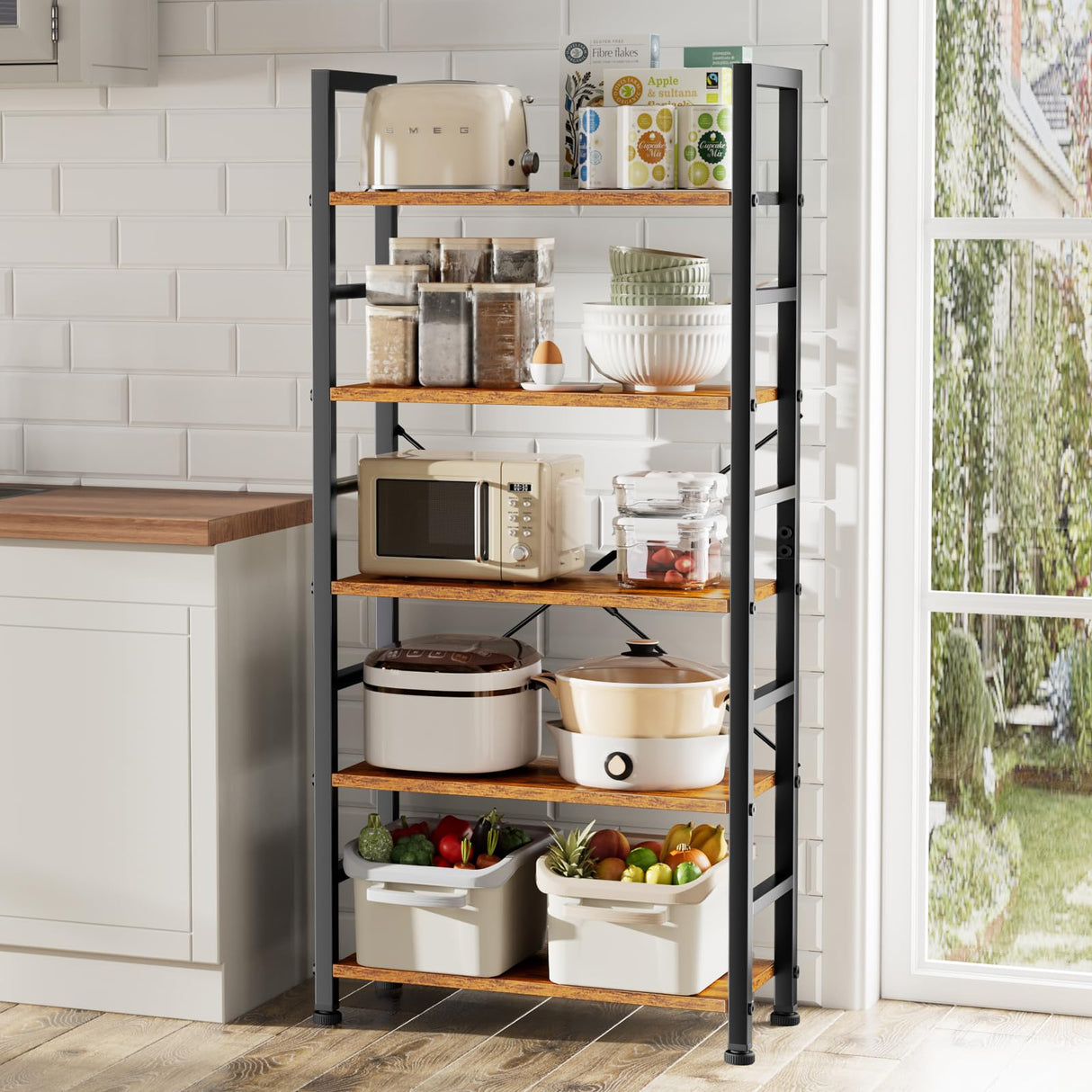 Sweetcrispy Book Shelf, 5 Tier Bookcase, Modern Tall Bookshelf Corner Storage Organizer for Garage Kit, CDs, Movies Suitable Home Office Bedroom, Kitchen, Living Room - Brown Sweetcrispy