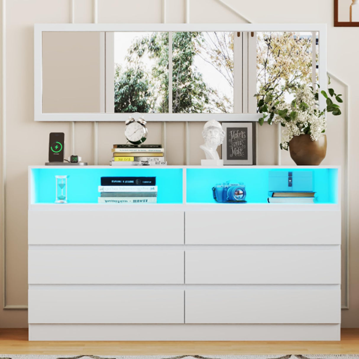 Gyfimoie Dresser for Bedroom with Full Length Mirror 48"x16", White Storage Cabinet with Power Outlet, 6 Drawer Dresser with LED Light, Modern Dressers with Charging Station(White) Gyfimoie
