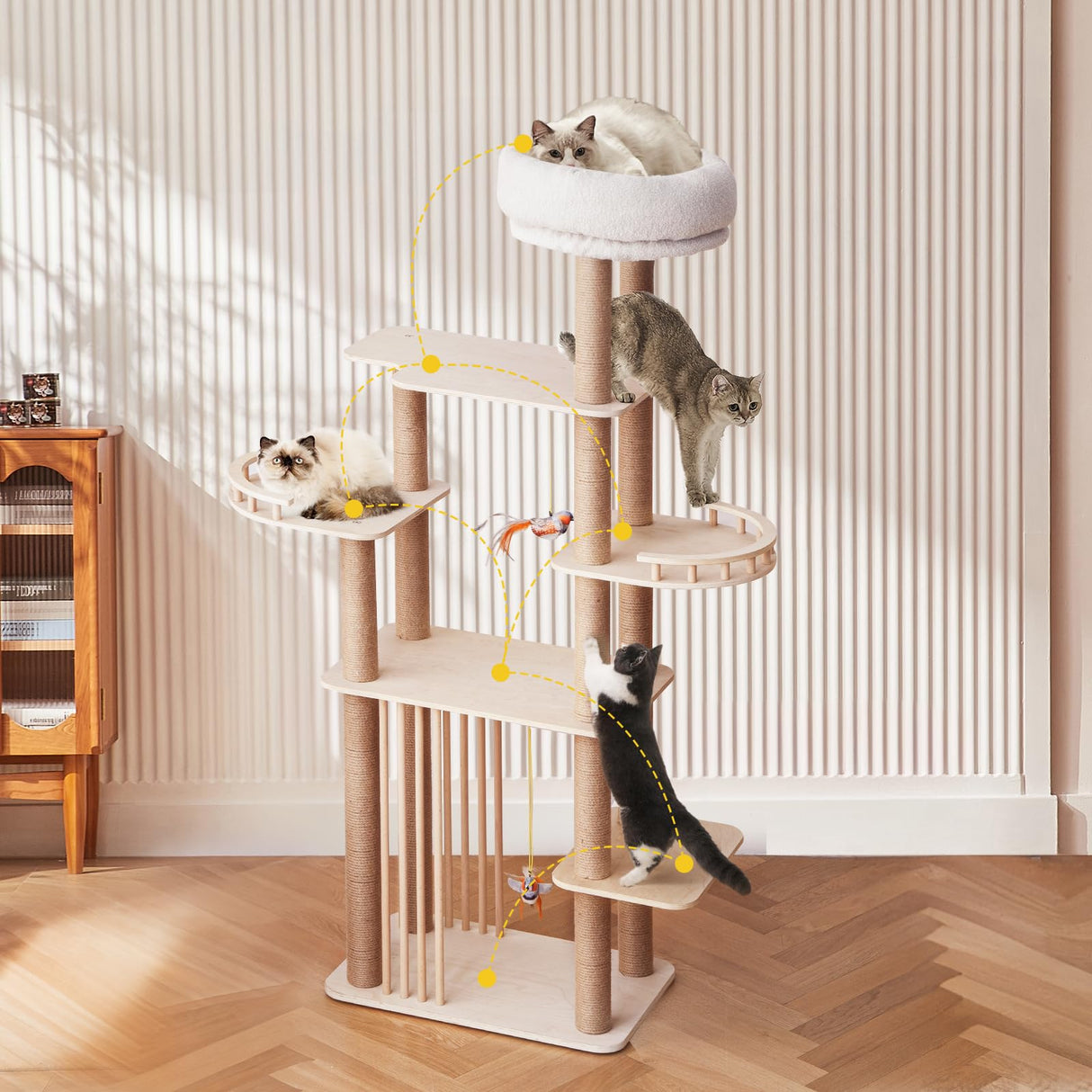 GIMU 68" Large Cat Tree, Solid Wood Multi-Level Cat Tower with Scratching Posts, Fun Toys, and Washable Plush Platform for Indoor Cats GIMU