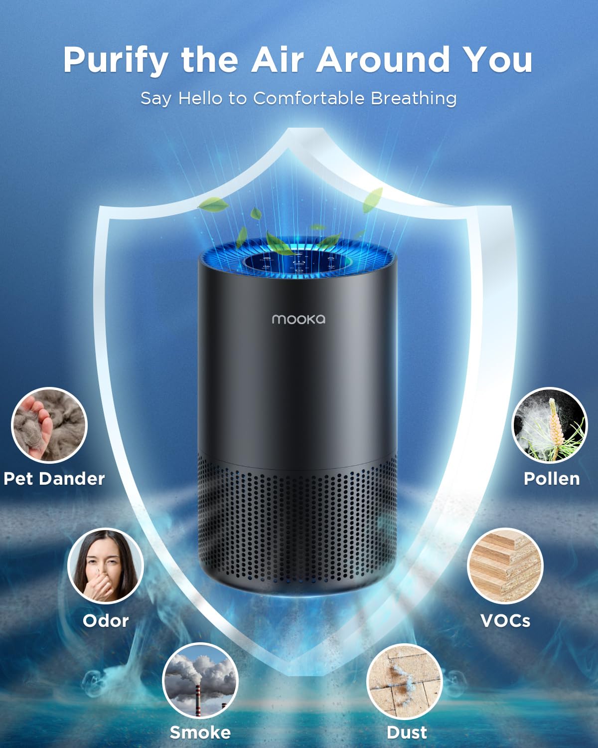 Air Purifiers for Home Large Room Pets Up to 1300 Sq Ft, MOOKA H13 True HEPA Air Purifier Cleaner with 360° Air Inlet, Fragrance, 13dB Air Purifier for Bedroom Wildfire Smoke Pet Dust Pollen (Black) MOOKA