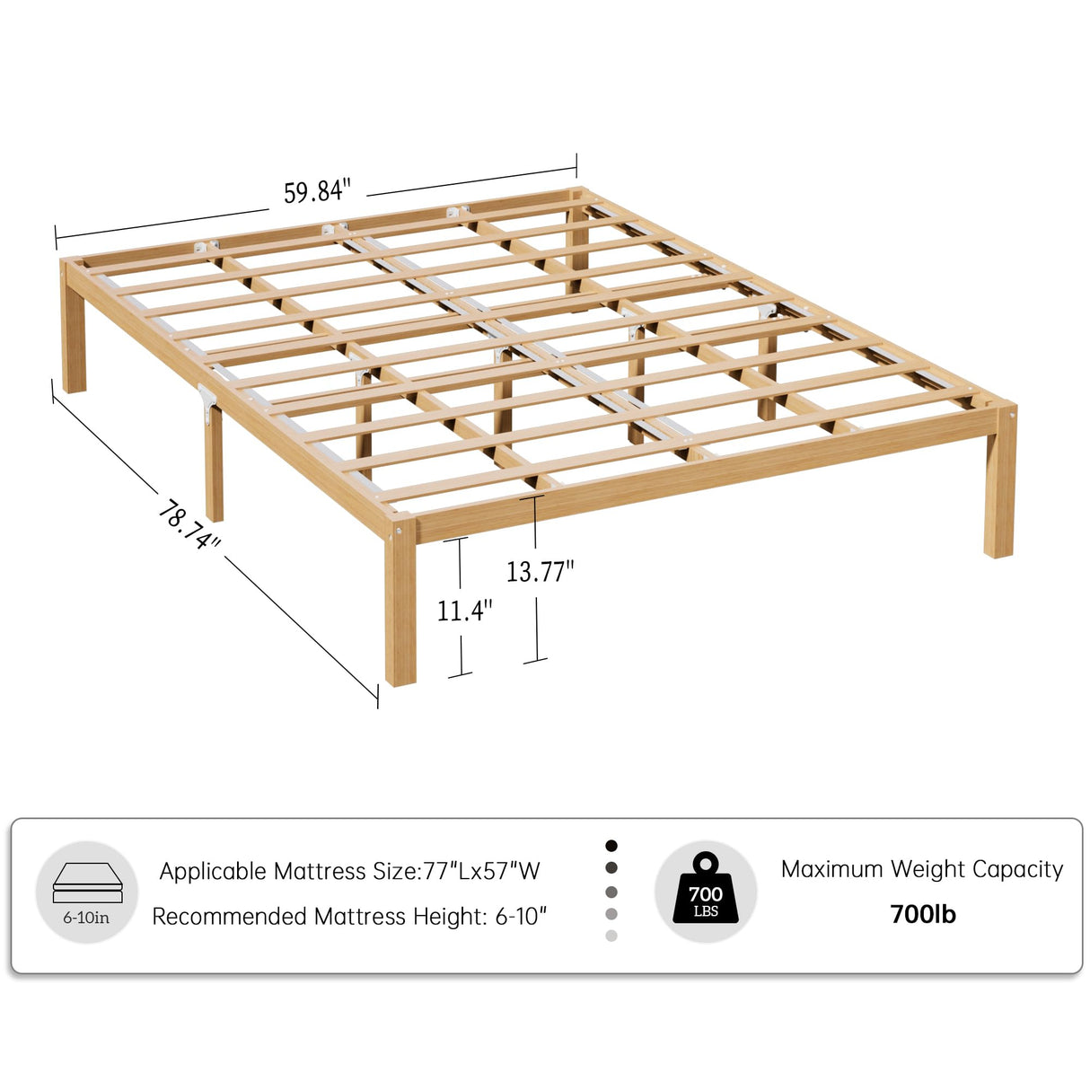 14 Inch Bamboo Bed Frame – Queen Size Solid Wood Platform Bed Frame, Strong and Stable, with Non-Slip Slats for Support, No Box Spring Needed, Easy to Assemble, Noise-Free (Natural, Queen) BambooSync
