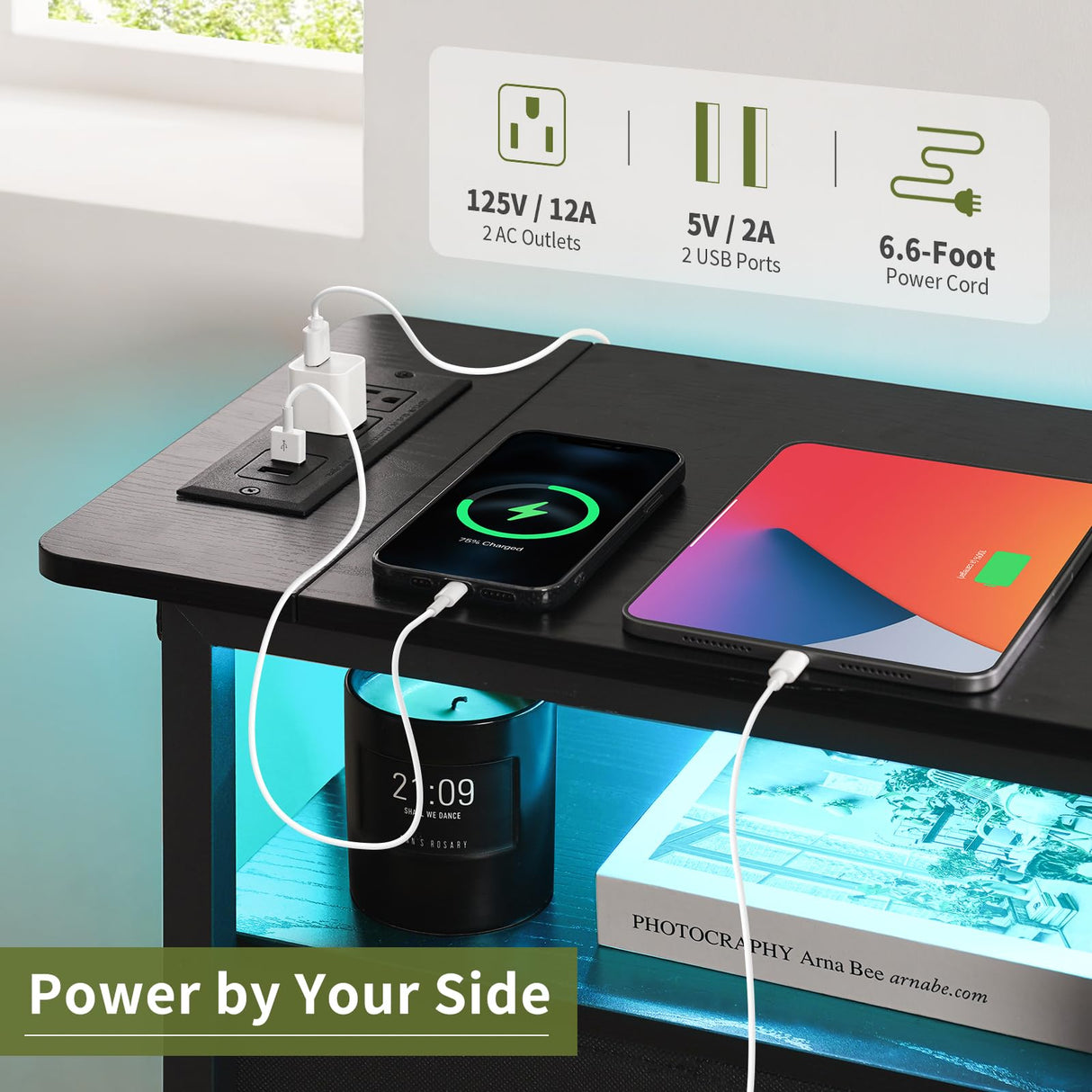 Yoobure End Table with Charging Station, LED Narrow Side Table Bedside Table, Small Night Stand End Tables Living Room, Skinny Nightstand with 3 Fabric Drawers, Side Tables Bedroom for Small Spaces Yoobure