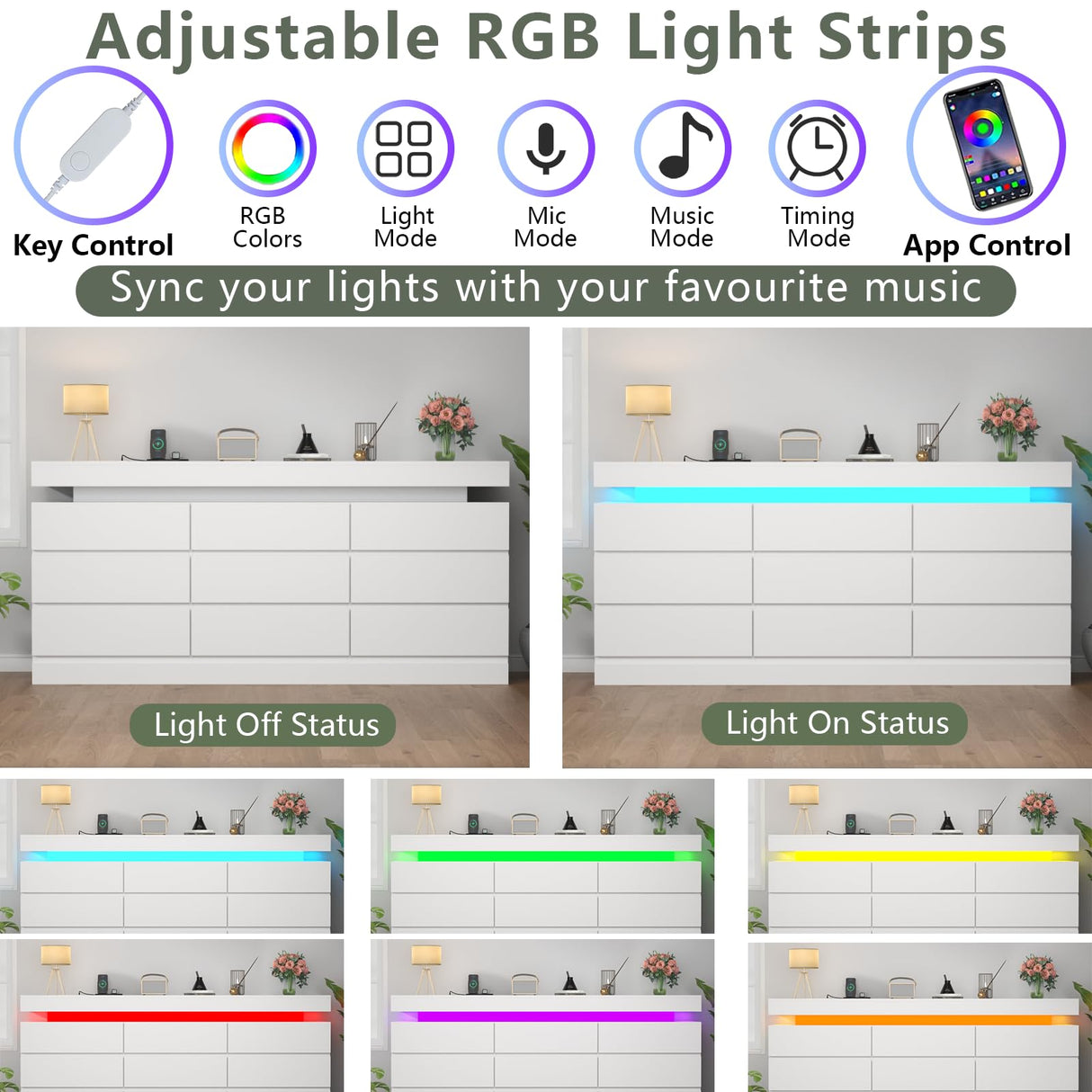 9 Drawer Dresser with Power Outlet, Dresser with LED Light, Modern Chest of Drawers for Closet, Triple Wide Drawer Organizer Cabinet for Bedroom, Living Room, Entryway, Hallway (White, 9 Drawers) Gyfimoie