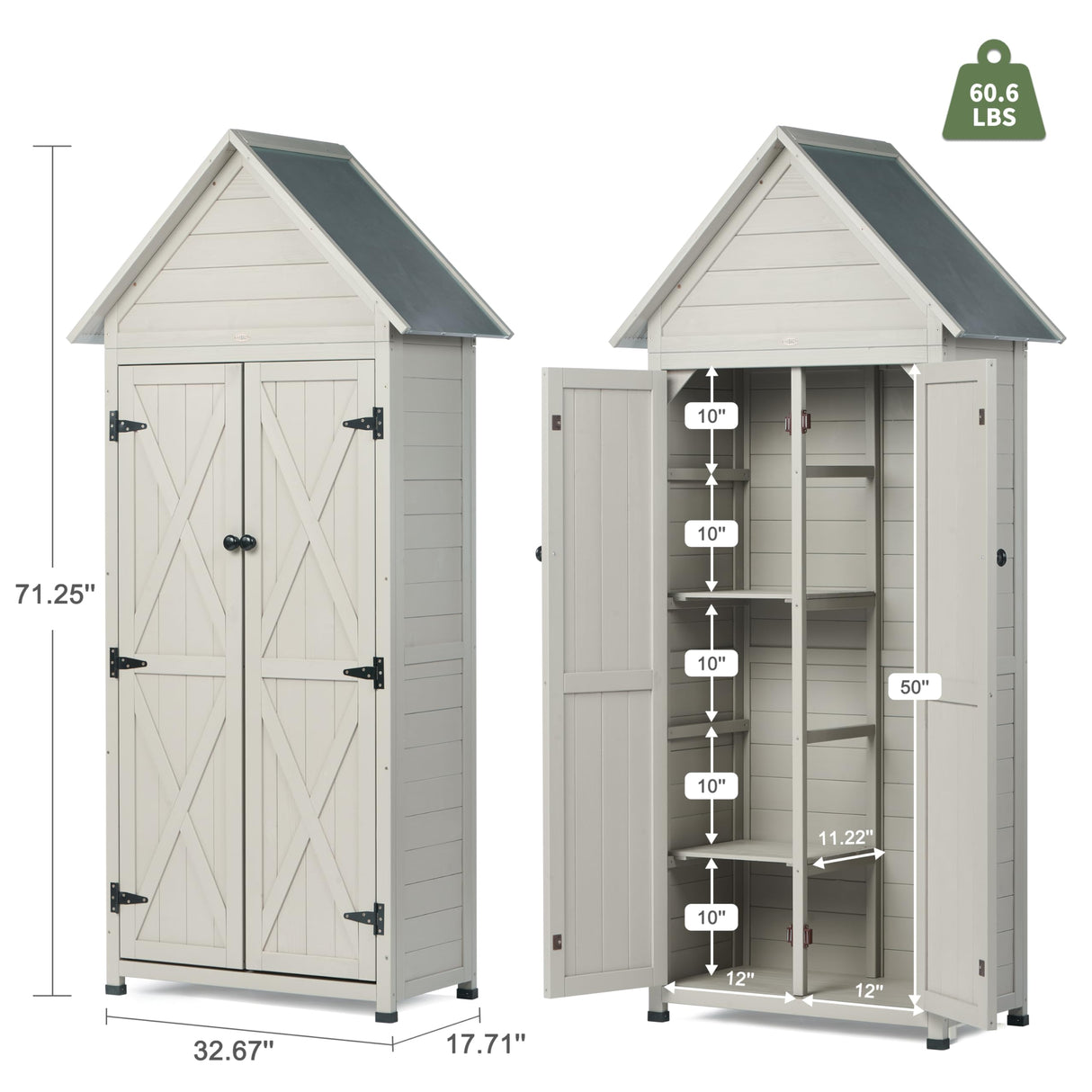 Outdoor Storage Shed with Floor & Adjustable Shelves, Wooden Garden Tool Cabinet Weatherproof, 71" Vertical Patio Organizer HABAU