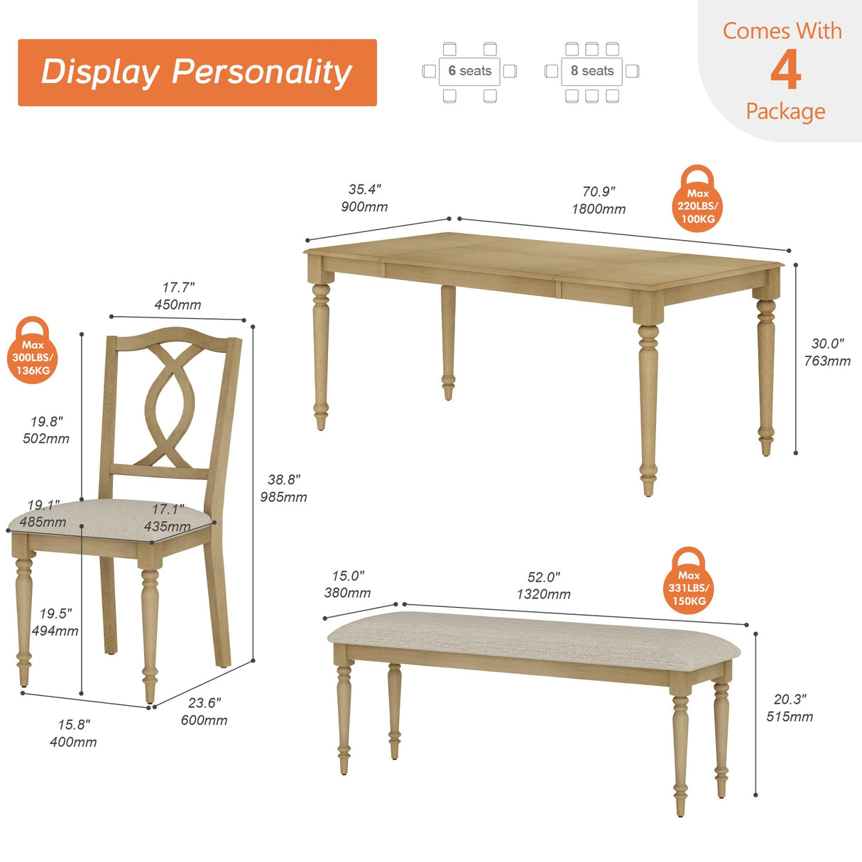 WAMPAT 6 Piece Dining Table Set, Wooden Rectangular Table for 6-8, 4 Dining Chairs with Cross-Back, Upholstered Bench with Rubber Wood Legs, Kitchen Table with Chairs for Dining Room, Oak WAMPAT