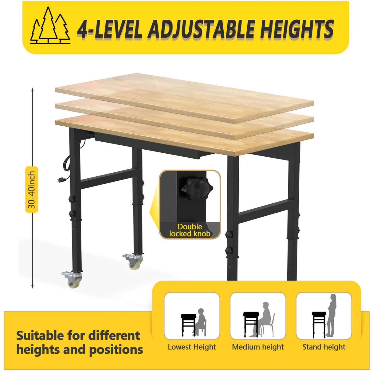 48" Adjustable Height Heavy Duty Workbench Rubber Wood Top Rolling Work Bench with Power Outlet Drawers and Wheels 2200 Lbs Capacity Hardwood Worktable for Garage, Workshop, Office, Home OAKANDO