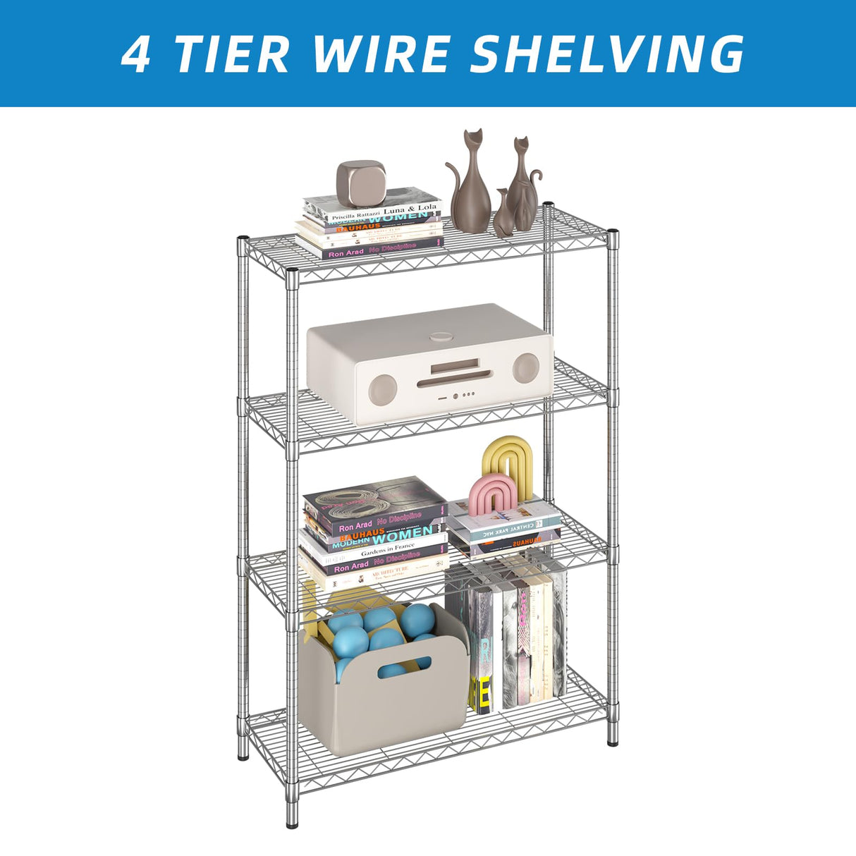 Guan River 4-Shelf Adjustable Metal Shelf Wire Shelving Unit Storage Rack Display Shelf for Office,Kitchen,Bedroom,Bathroom,Laundry,Pantry Basement,Garage(Chrome,36" L x 14" W x 54" H) Guan River