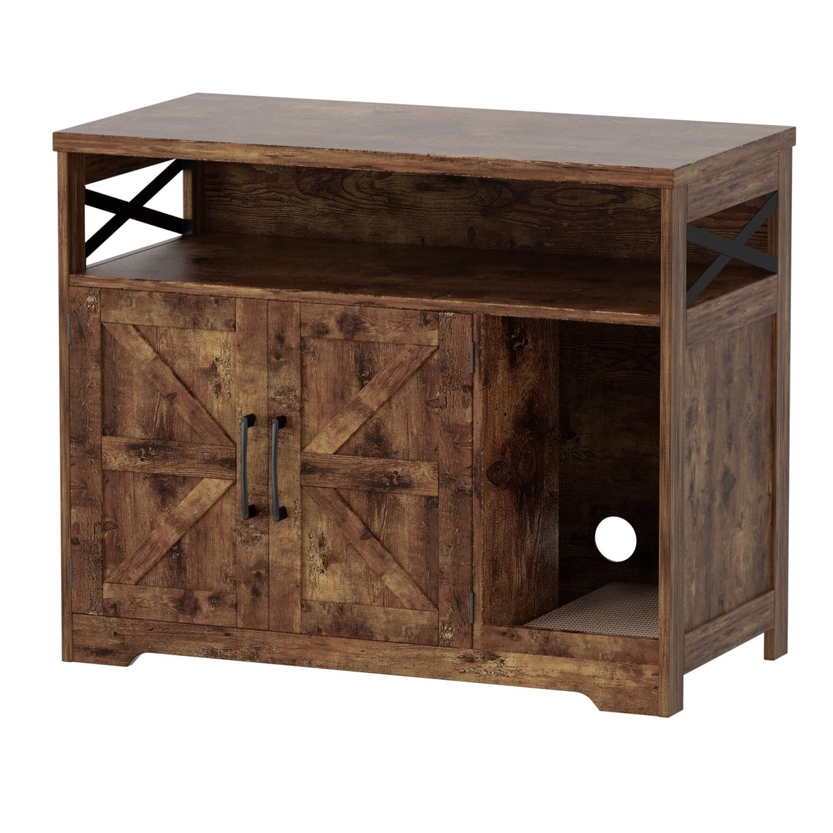 Halitaa Cat Litter Box Enclosure, Hidden Litter Box Furniture with Scratch Pad, Farmhouse Indoor Cat House Washroom End Table, Rustic Brown Halitaa