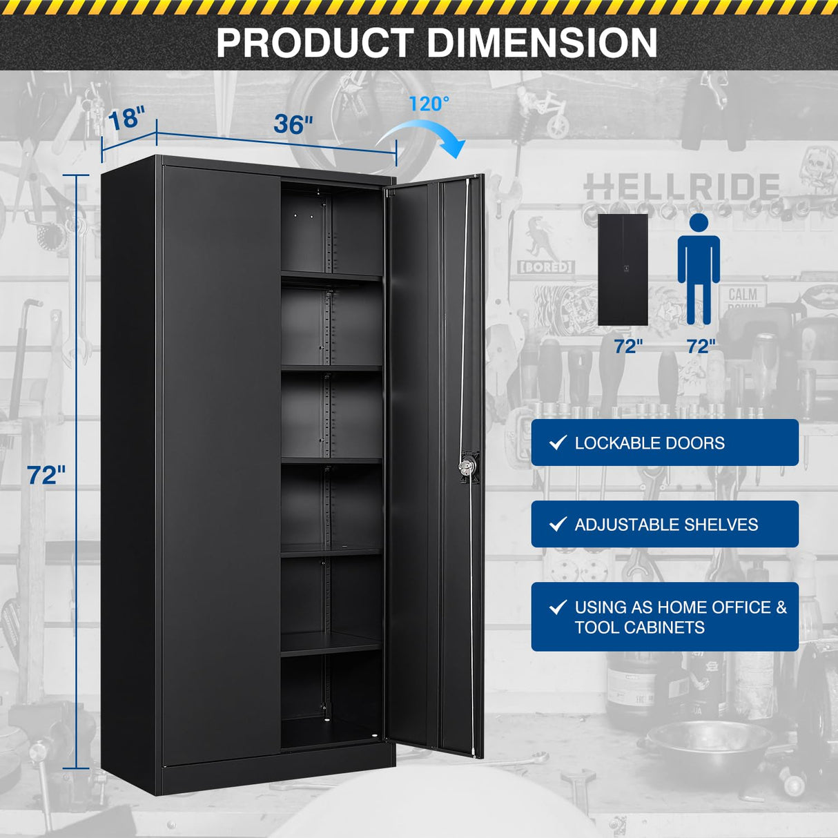 Fesbos Metal Storage Cabinet-72” Black Tall Steel File Cabinets with Lockable Doors and Adjustable Shelves-Black Steel Storage Cabinet for Kitchen, Office, Garage Fesbos