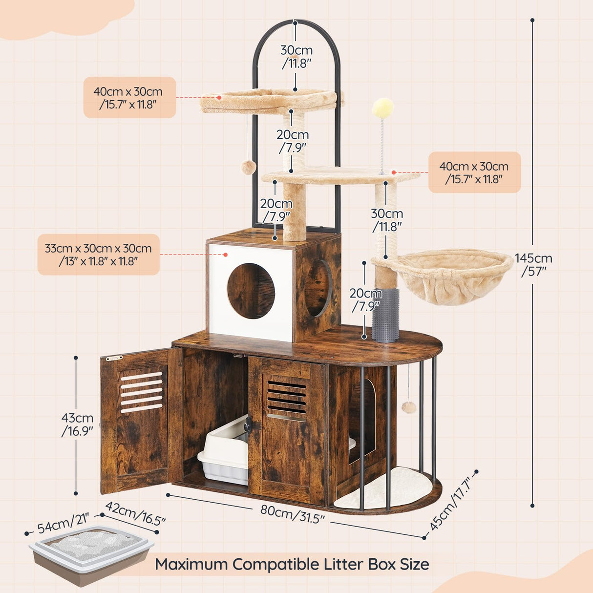 HOOBRO Cat Tree with Litter Box Enclosure, All-in-One 31.5" Cat Tower with Hidden Litter Box Cover Furniture for Indoor Cats, Versatile Cat Condo with Sisal Posts, Hammock, Rustic Brown FG45MZ03 HOOBRO