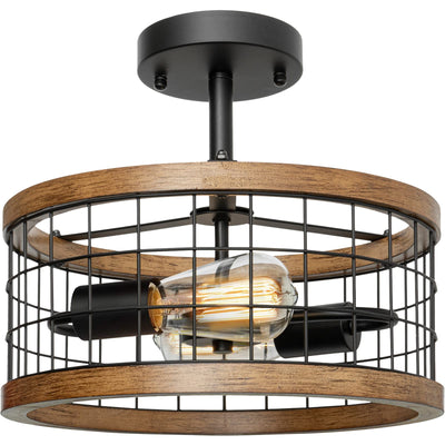 2-Light Farmhouse Semi Flush Mount Ceiling Light Fixture, Rustic Drum Wood Ceiling Lamp for Hallway Kitchen Entryway Foyer Bedroom Laundry Room, Nature Wood Texture and Black Metal Fence Finish