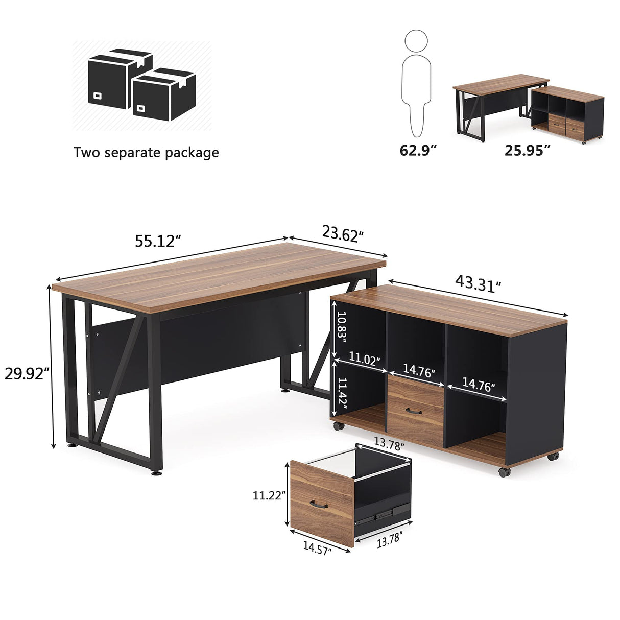 Tribesigns 55 inches Executive Desk and 43" lateral File Cabinet, L-Shaped Computer Desk Home Office Furniture with Drawers and Storage Shelves, Office Table with Cabinet (Walnut, 55) Tribesigns
