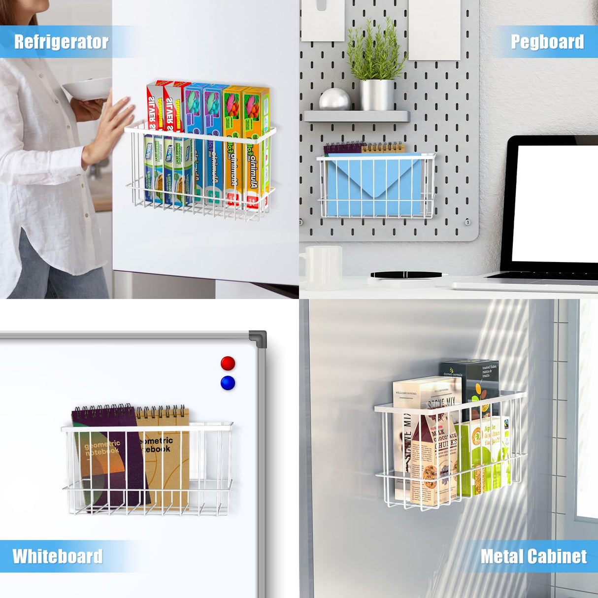 NiHome Magnetic Metal Basket Organizers, Dryer Ball Holder, 2PCS Medium & Small, Versatile Storage for Kitchen & Office Holds Up to 14 lbs, Easy Attach to Refrigerator or Any Magnetic Surface (White) NiHome