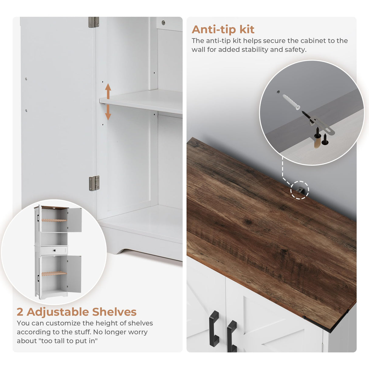 VVFLU Farmhouse Tall Bathroom Storage Cabinet, 67" H Pantry Cabinet, 1 Drawer, 4 Doors, 2 Adjustable Shelves, for Bathroom, Kitchen, Living Room (Americana) VVFLU