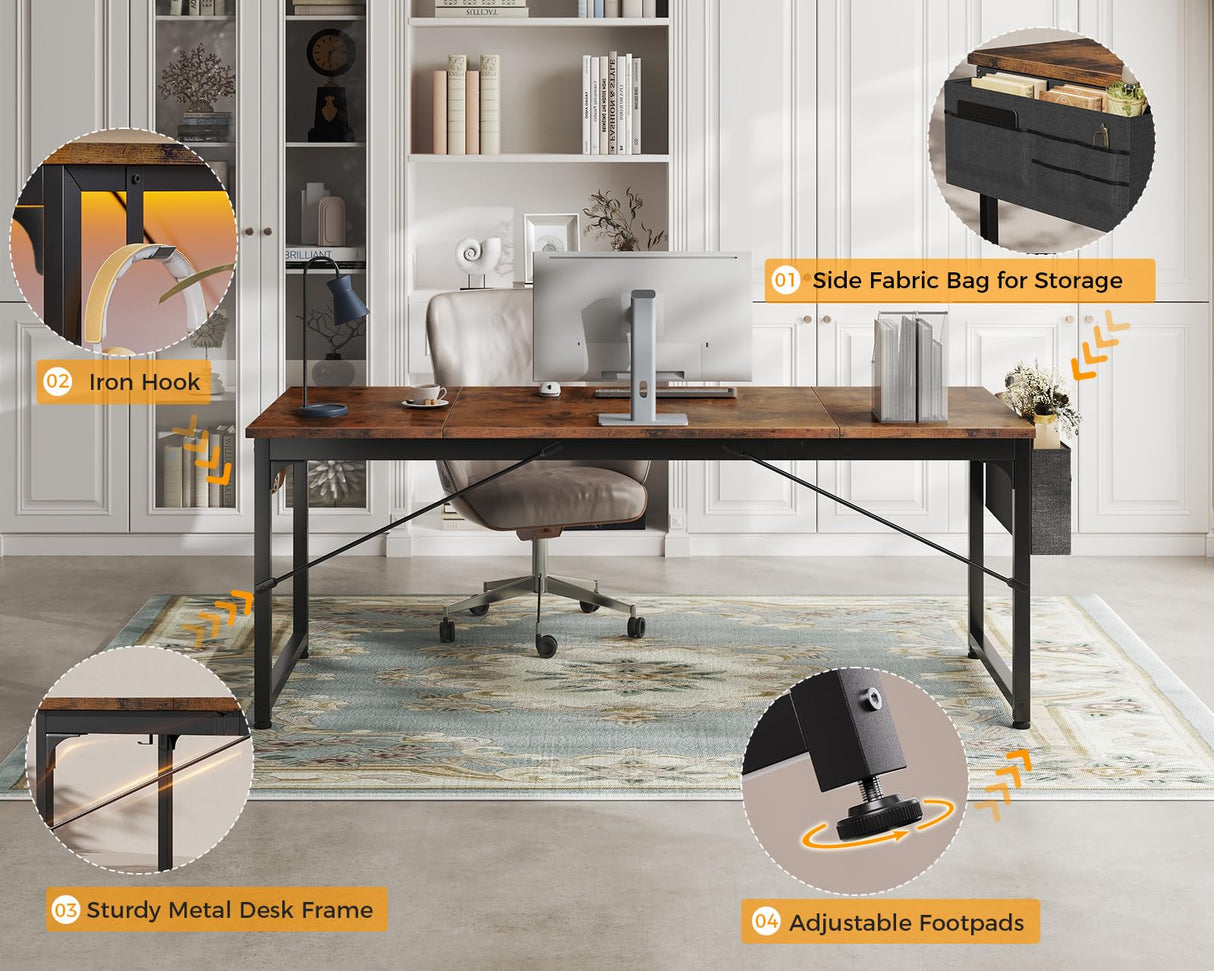 ODK Computer Desk Large Office Desk, 63 Inch Gaming Desk with Storage, Modern PC Desk Work Table with Headphone Hook for Home Office, Splice Board, Rustic Brown ODK