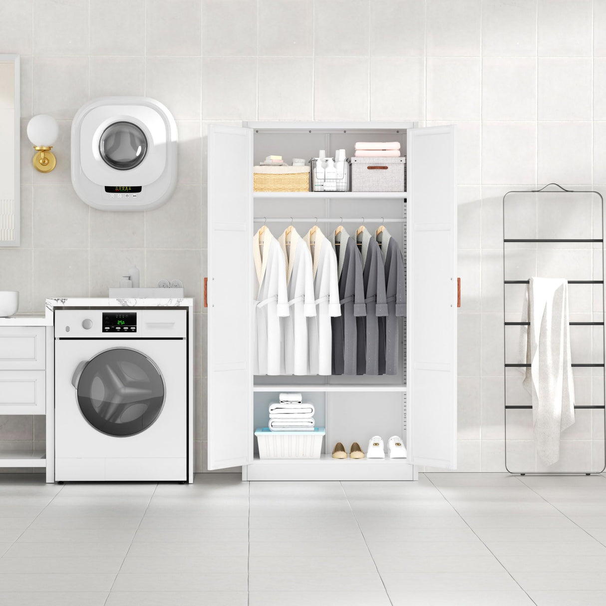 Bonusall Metal Wardrobe Cabinets with Single Rod and 2-Shelves, 70" Heavy-Duty Steel Clothing Storage Cabinets with 2 Doors, White Armoire Wardrobe Closet for Bedroom, Laundry Room or Living Room Bonusall