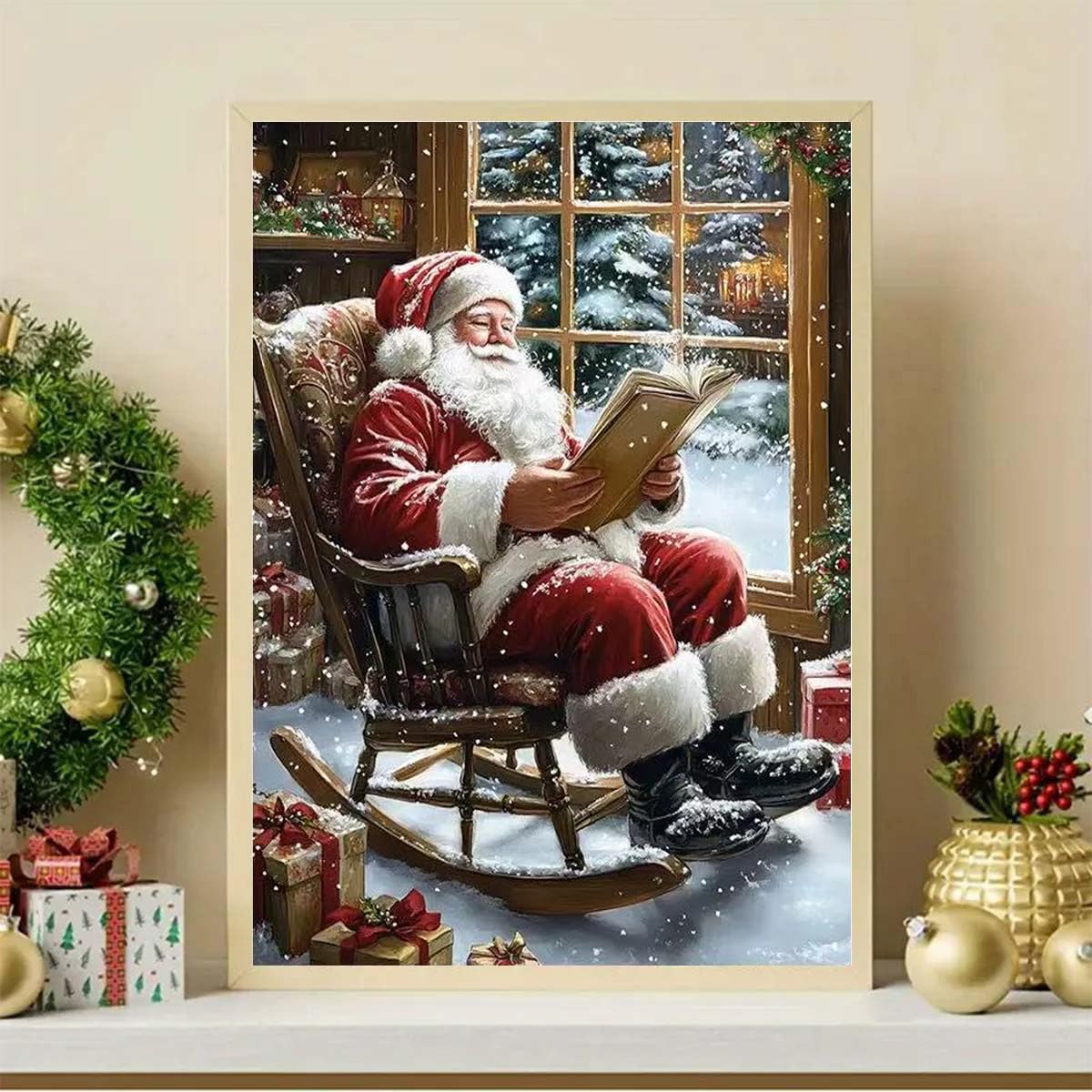 Christmas Diamond Art Kits for Adults, Diamond Painting Kits for Santa Claus is Reading a Book, 5D DIY Full Round Drill Diamond Dot Painting Gem Art Kits for Adult Home Wall Decor 12 X 16 Inch GEMFAMILY