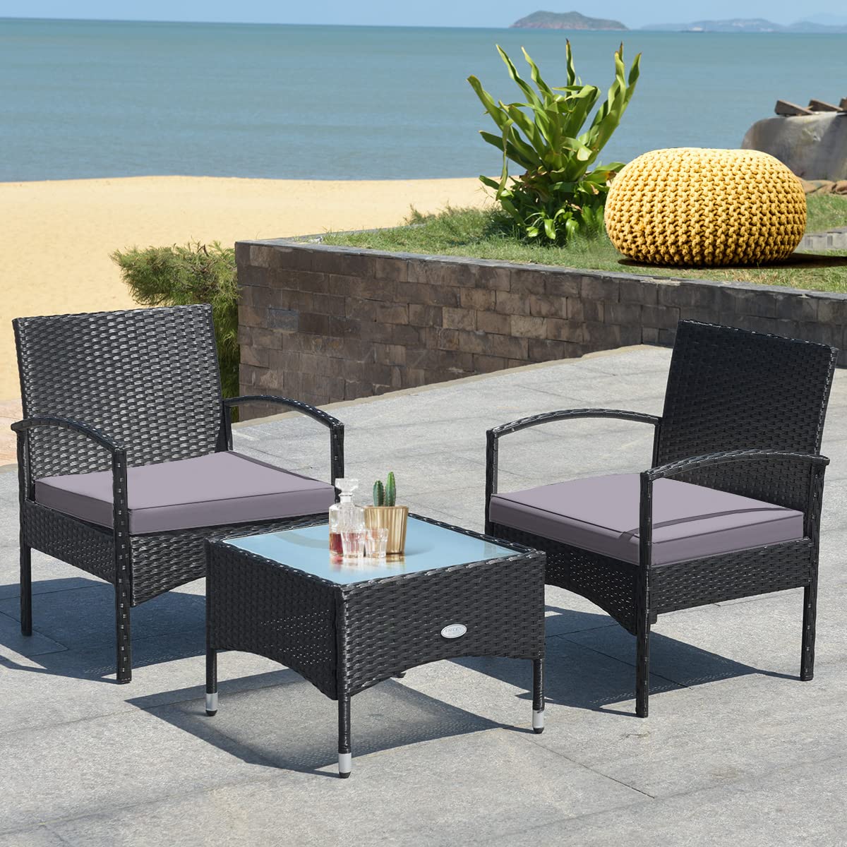 COSTWAY 3 PCS Patio Wicker Conversation Set, PE Rattan Sofa with Tempered Glass Coffee Table, 2 Chairs, 2 Cushions, Outdoor Patio Furniture Set for Yard Porch Bistro Balcony Backyard Pool, Grey COSTWAY