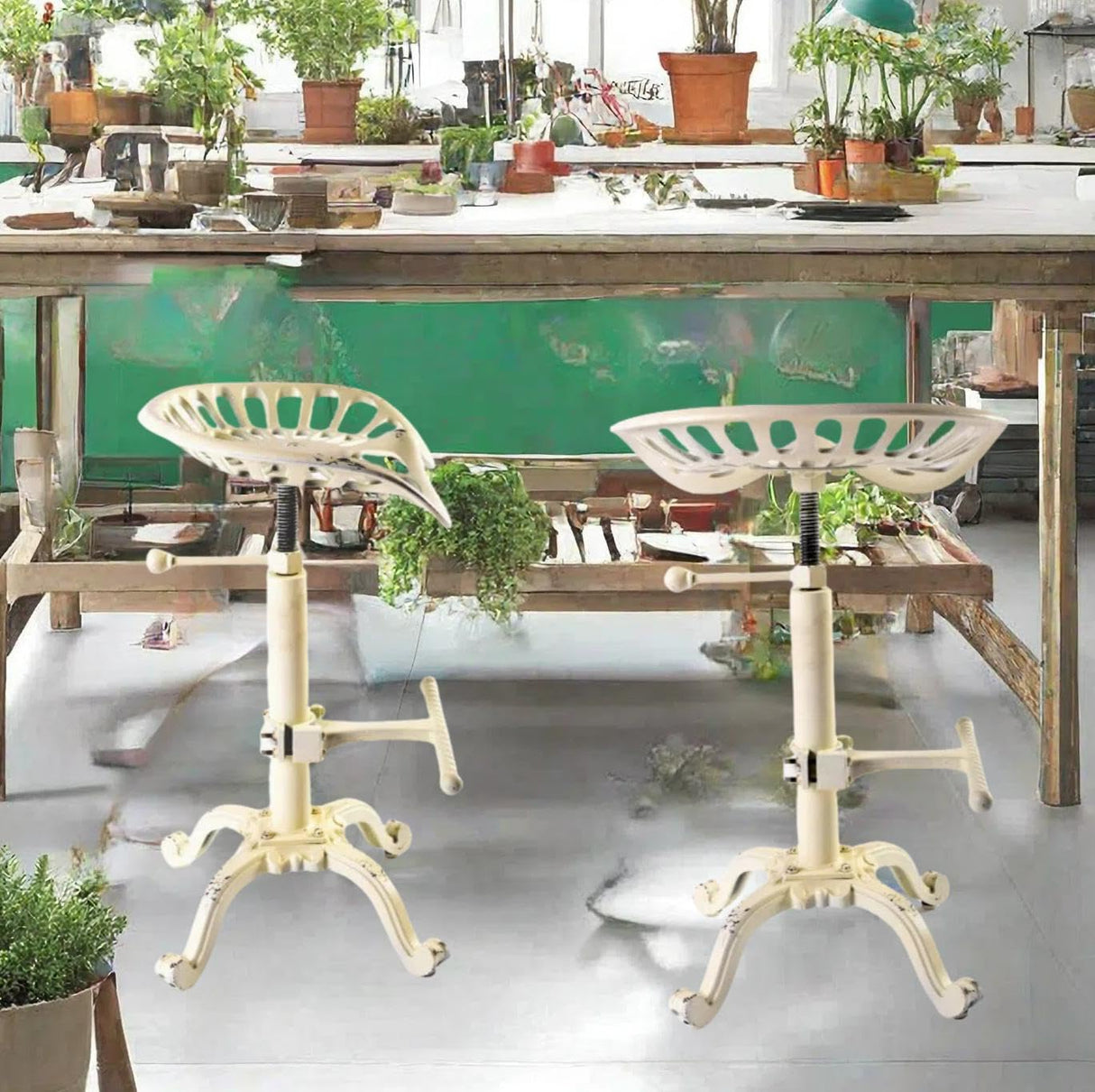 Diwhy Rustic Industrial Farmhouse Tractor Seat Adjustable Height 21.65-27.56in Bar Stool Industrial Bar Chair (Aged White, Cast Iron) Diwhy