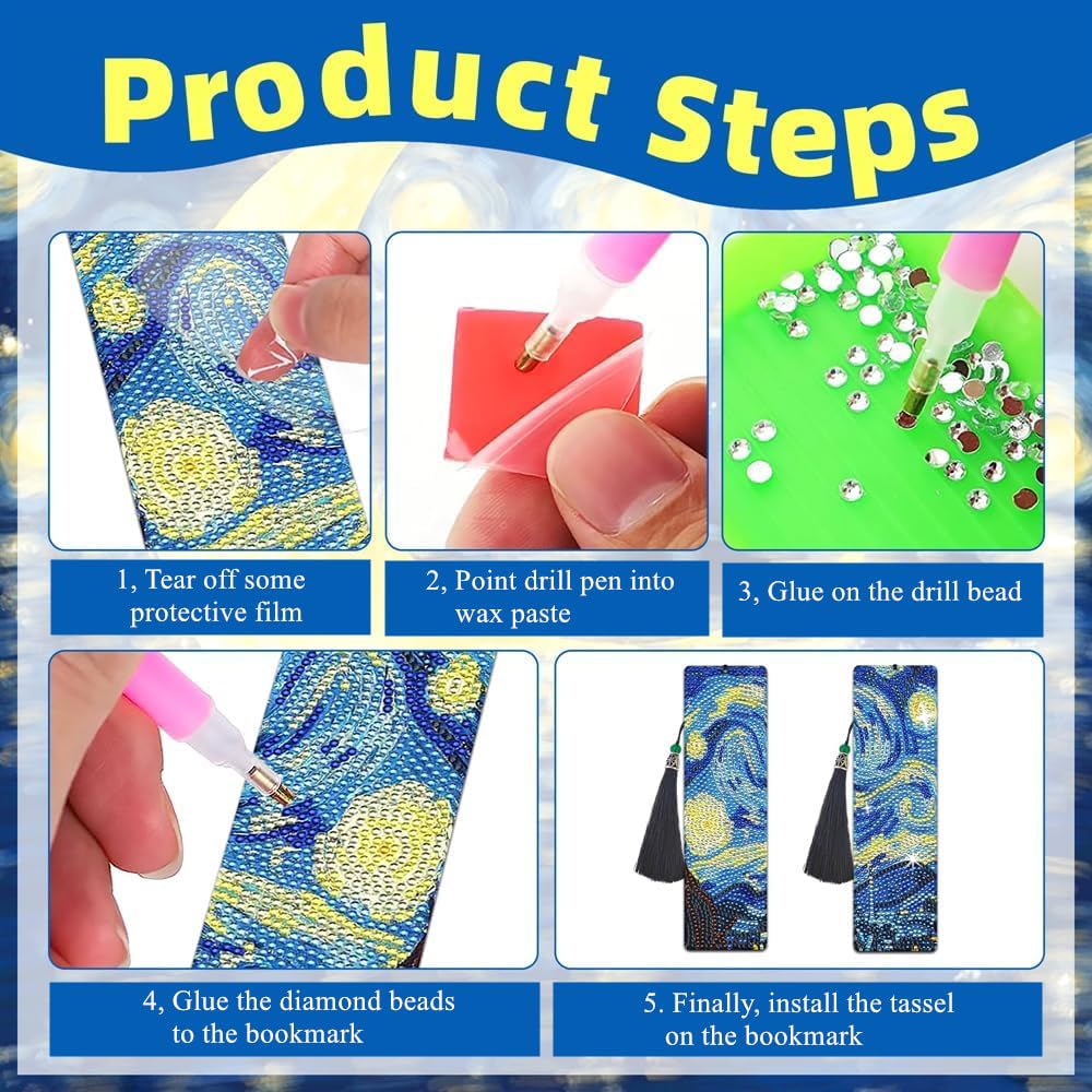 NUFTVI 4 PCS Diamond Art Bookmarks Van Gogh Starry Night, DIY Acrylic Diamond Painting Bookmarks Kits for Adult Reader and Crafts Lovers NUFTVI