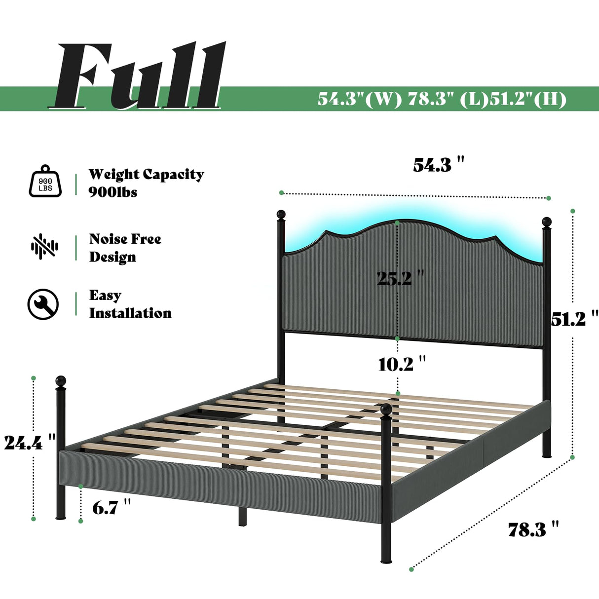 AMERLIFE Upholstered Full Size Bed Frame with 51.2" Tall Headboard, Metal Four Poster LED Beds for Bedroom, Easy Assembly, Wooden Slats, Dark Grey AMERLIFE