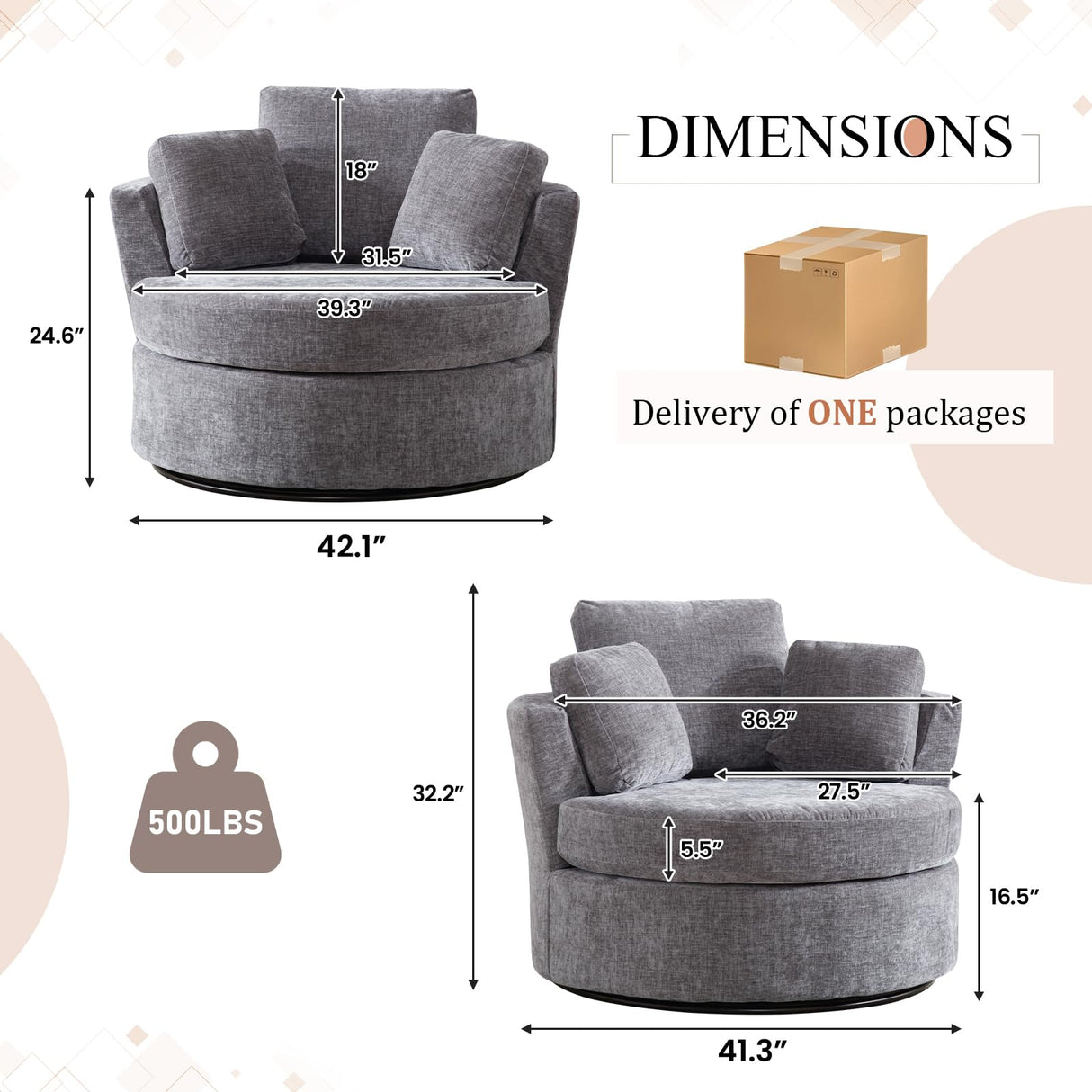 Deolme 42" W Modern Grey Swivel Barrel Chair with 360° Round Metal Base & Soft Chenille Pillows & Thick Cushion, Comfy Oversized Chaise Longue Indoor Living Room, Bedroom Club Reading Armchair (Gray) Deolme