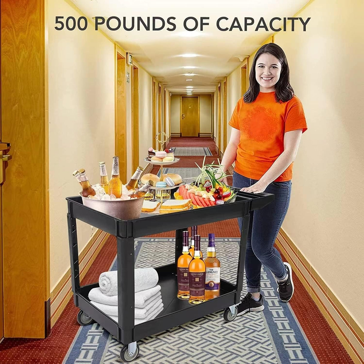 Service Cart 2-Shelf, 500 lbs Capacity, Storage Handle, for Warehouse/Garage/Cleaning/Manufacturing, 45"X25" PioneerWorks