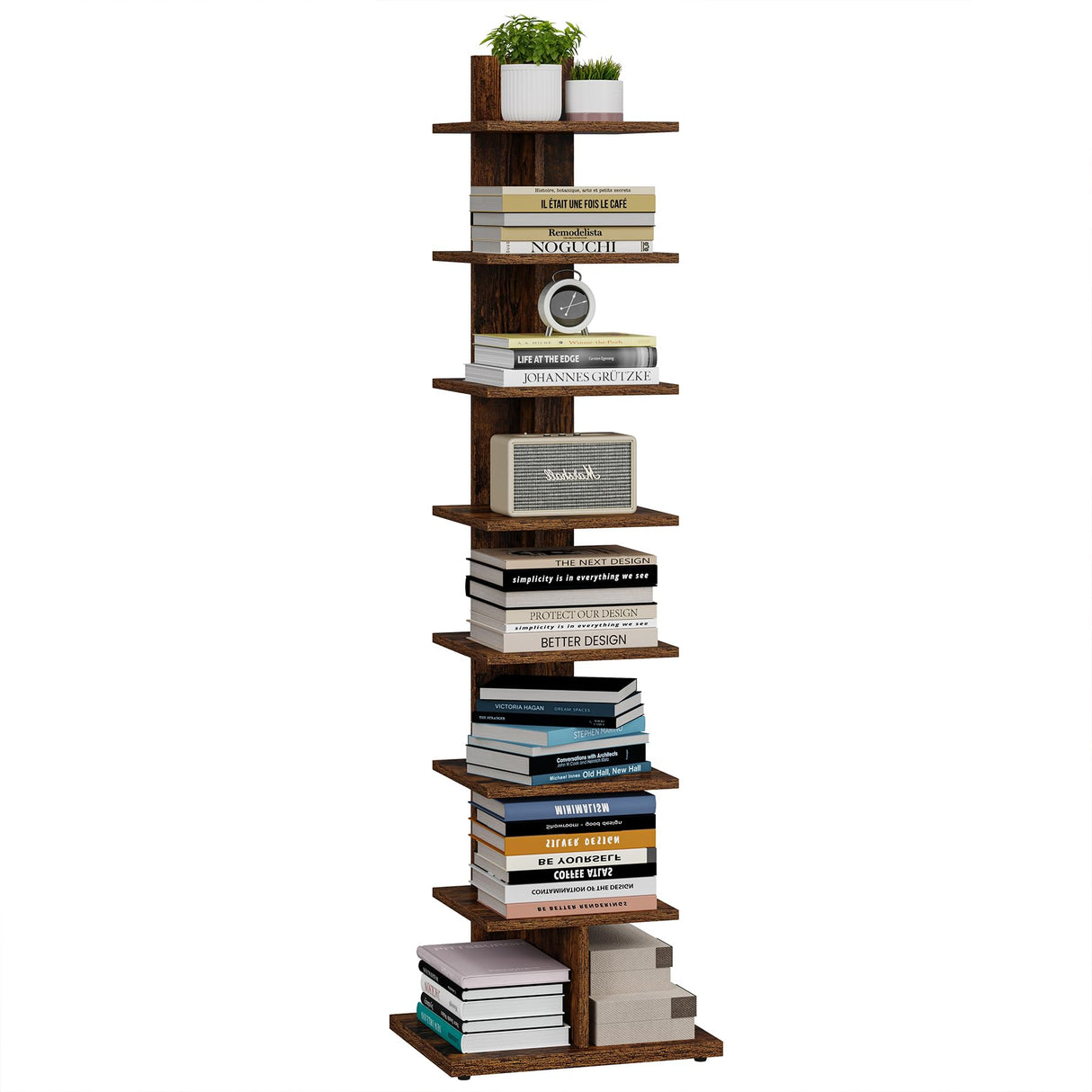 TUTOTAK Vertical Bookshelf, 8-Tier Bookcase, Narrow Spine Book Shelf for Small Space, Corner Standing Shelf for Living Room, Office, Study, Entryway, Rustic Brown BS06BB008 TUTOTAK
