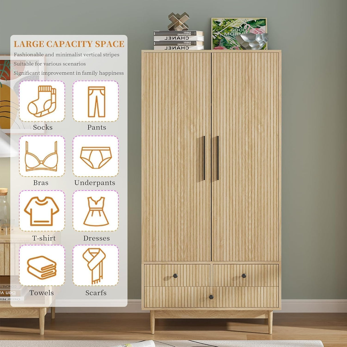 Fsbecl Armoire Wardrobe Closet with Drawers and 2 Fluted Doors 64.96 in Farmhouse Closet Wardrobe Cabinet with Hanging Rod Freestanding Wooden Bedroom Armoire Storage Cabinet with Shelf (Wood Color) Fsbecl