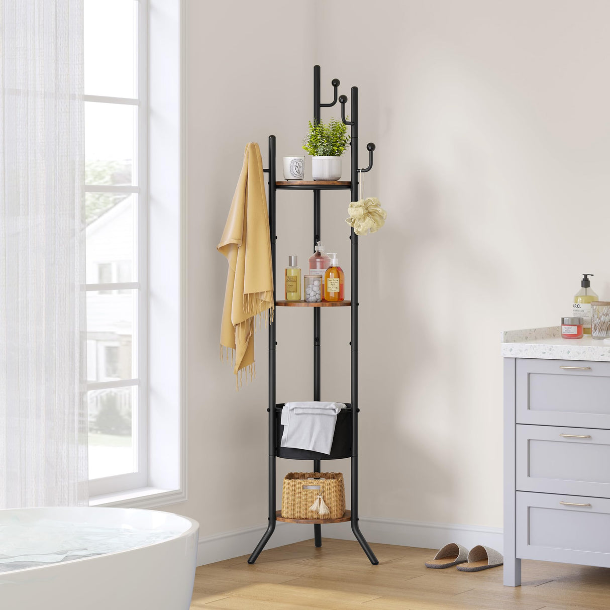 Hoctieon Coat Rack Freestanding, Round Coat Rack with 3 Wooden Shelves and 1 Fabric Basket, Metal Clothes Tree with 5 Hooks, Coat Hanger Stand for Clothes, Hats, Bags, Brown and Black Hoctieon