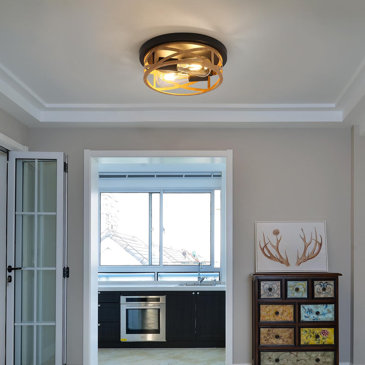 2 Pack Close to Ceiling Light Fixtures, 2-Light Indoor House Flush Mount Ceiling Light, 11 Inch Metal Cage Cross Wood Finish Farmhouse Ceiling Lights for Kitchen Hallway Bedroom DOXVIEZE